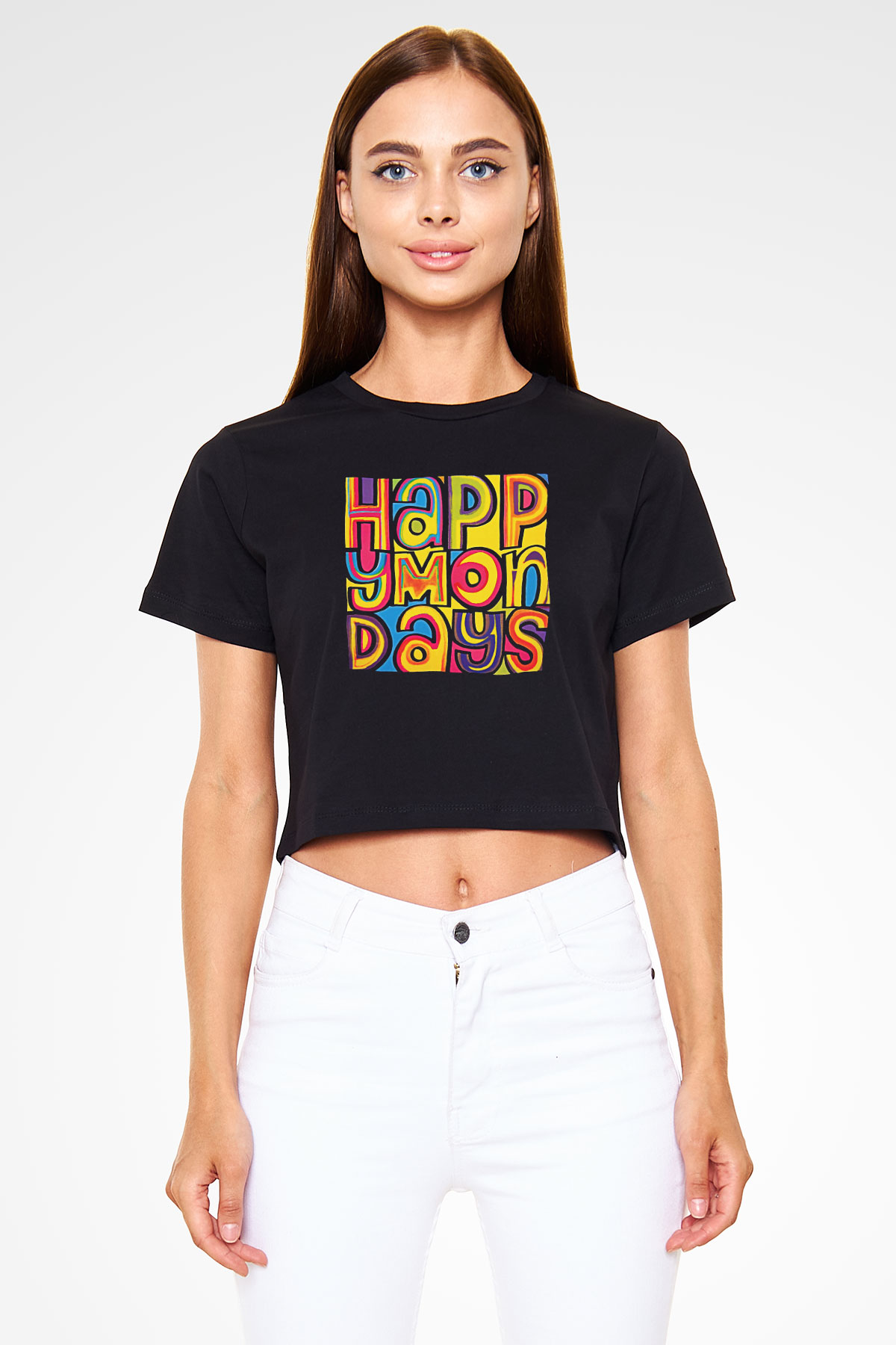 Happy Mondays Baskılı Siyah Crop Top Kadın Tişört - Tshirt