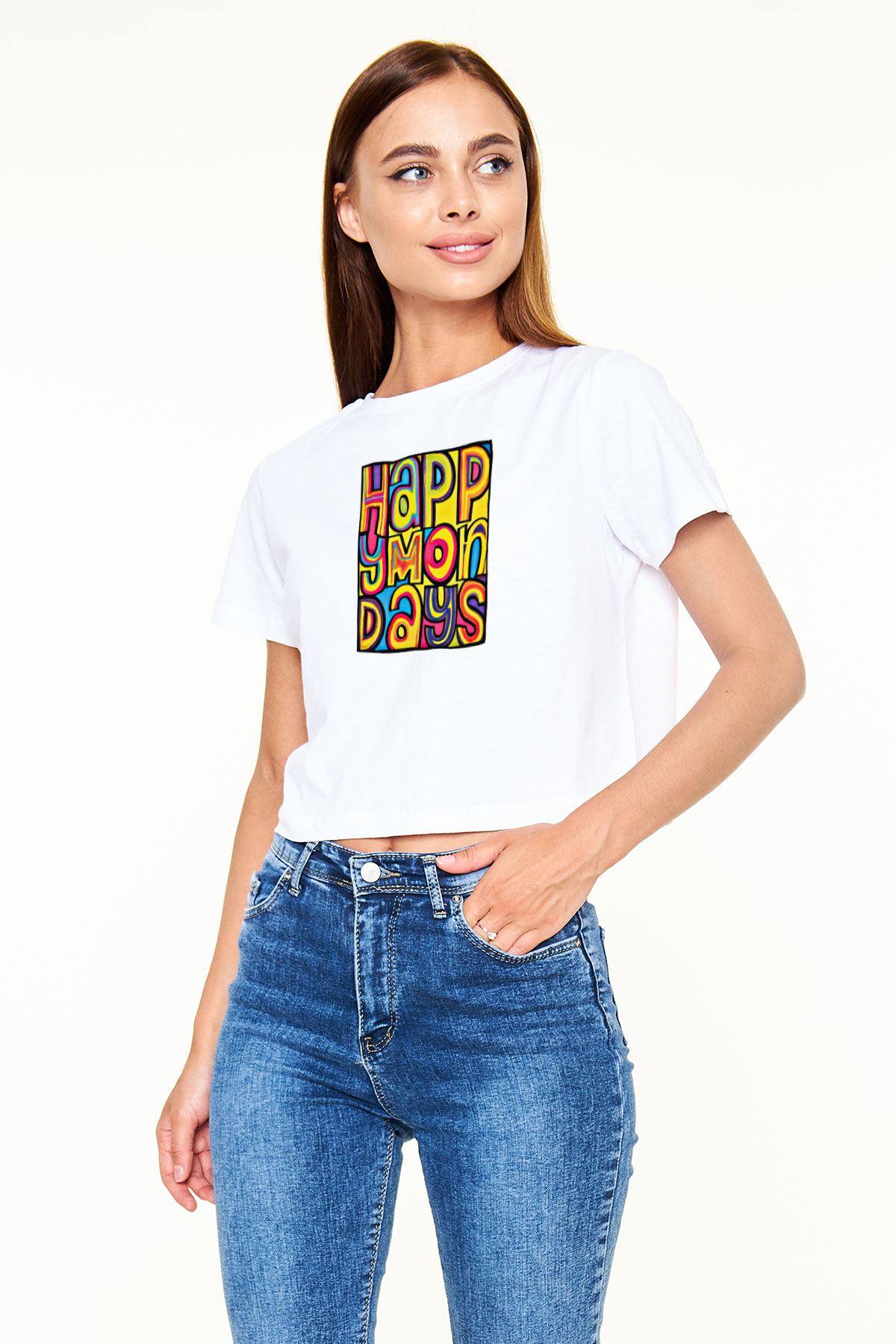 Happy Mondays Baskılı Unisex Beyaz Crop Top Tişört
