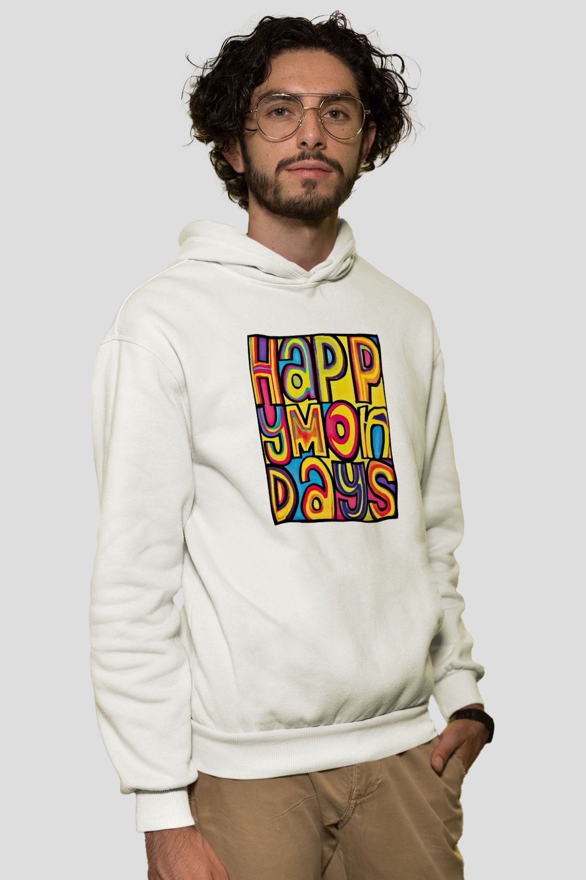 Happy Mondays Baskılı Unisex Beyaz Hoodie
