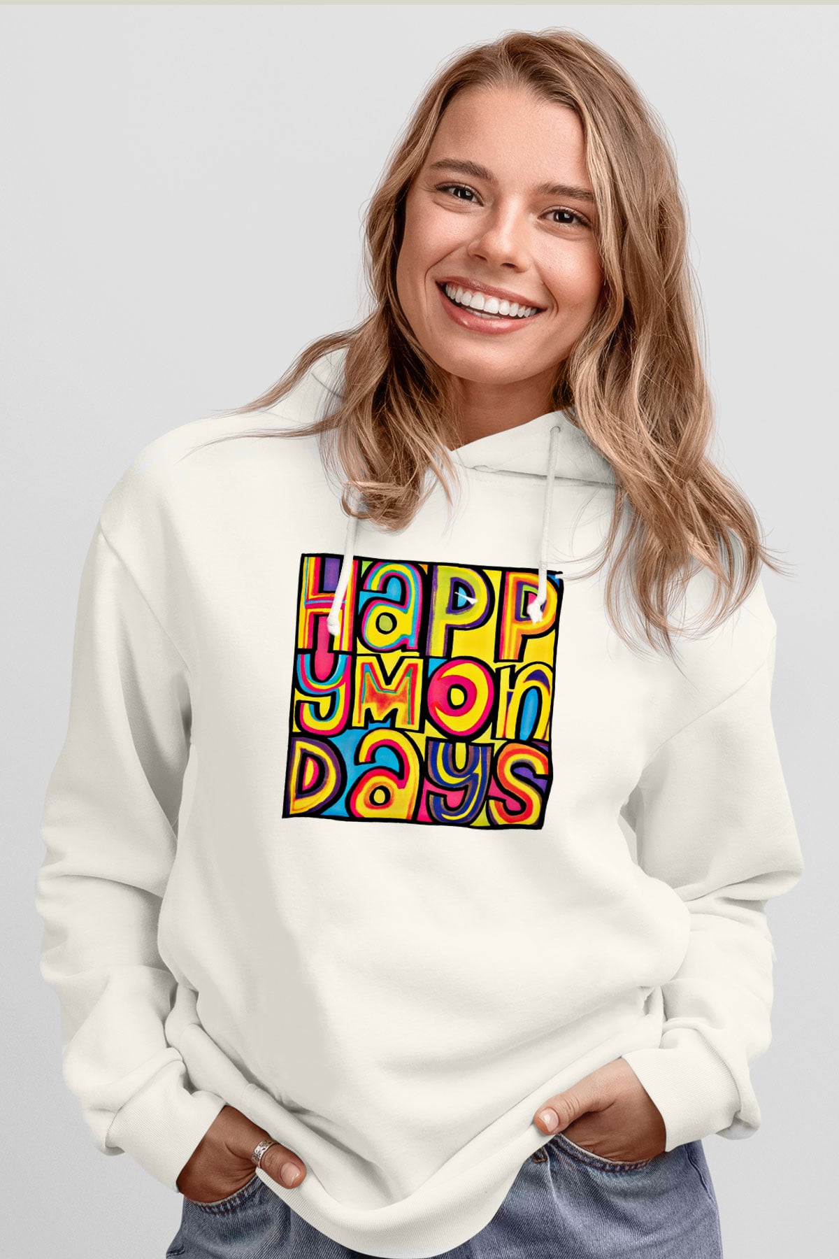 Happy Mondays Baskılı Unisex Beyaz Hoodie