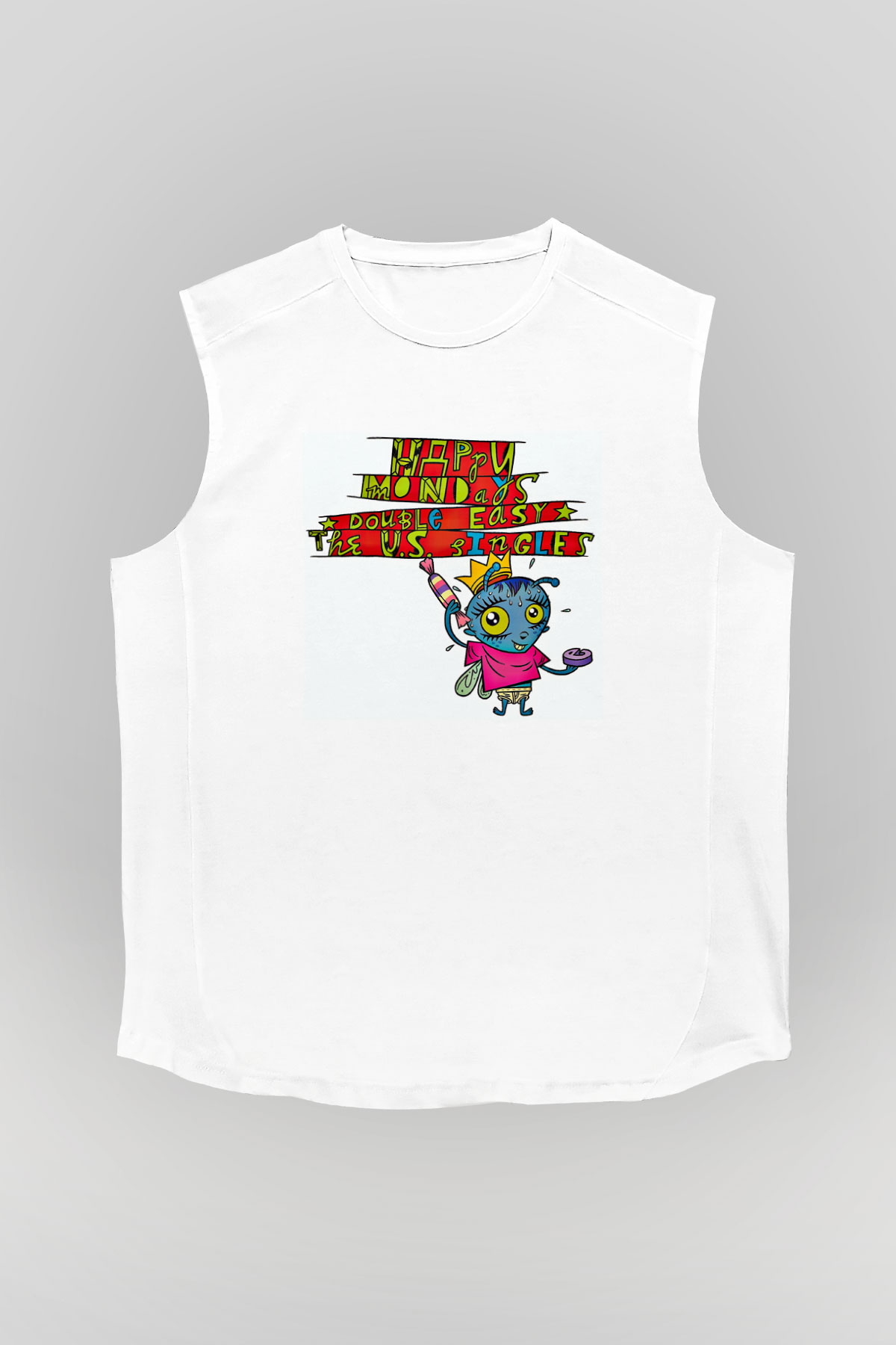 Happy Mondays Baskılı Unisex Beyaz Kolsuz Tişört
