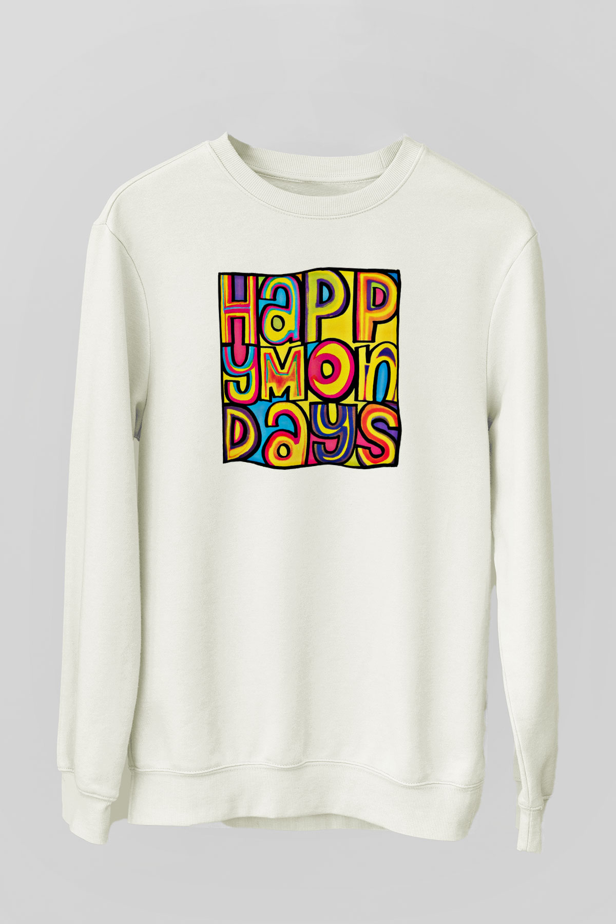 Happy Mondays Baskılı Unisex Beyaz Sweatshirt