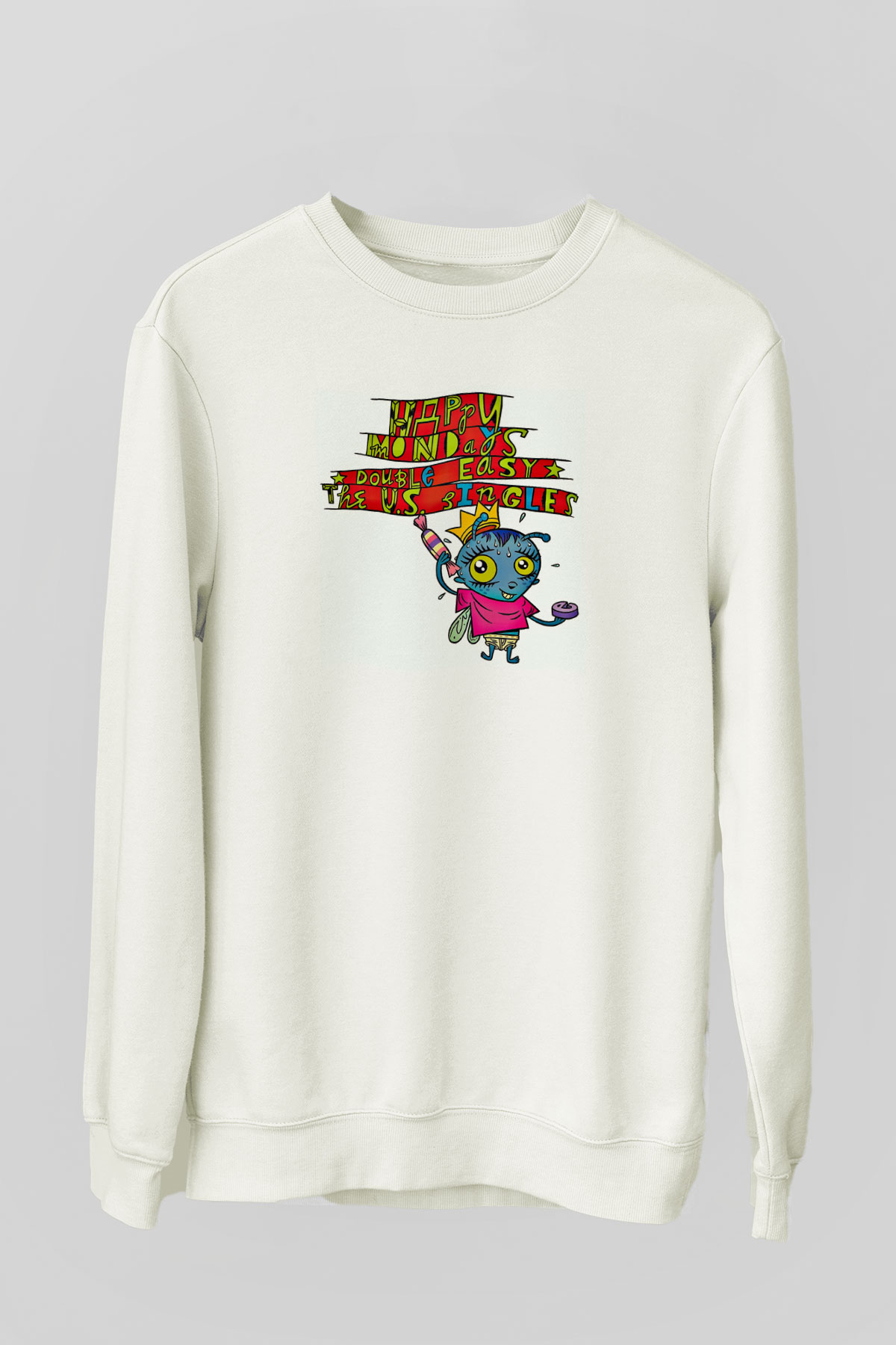 Happy Mondays Baskılı Unisex Beyaz Sweatshirt