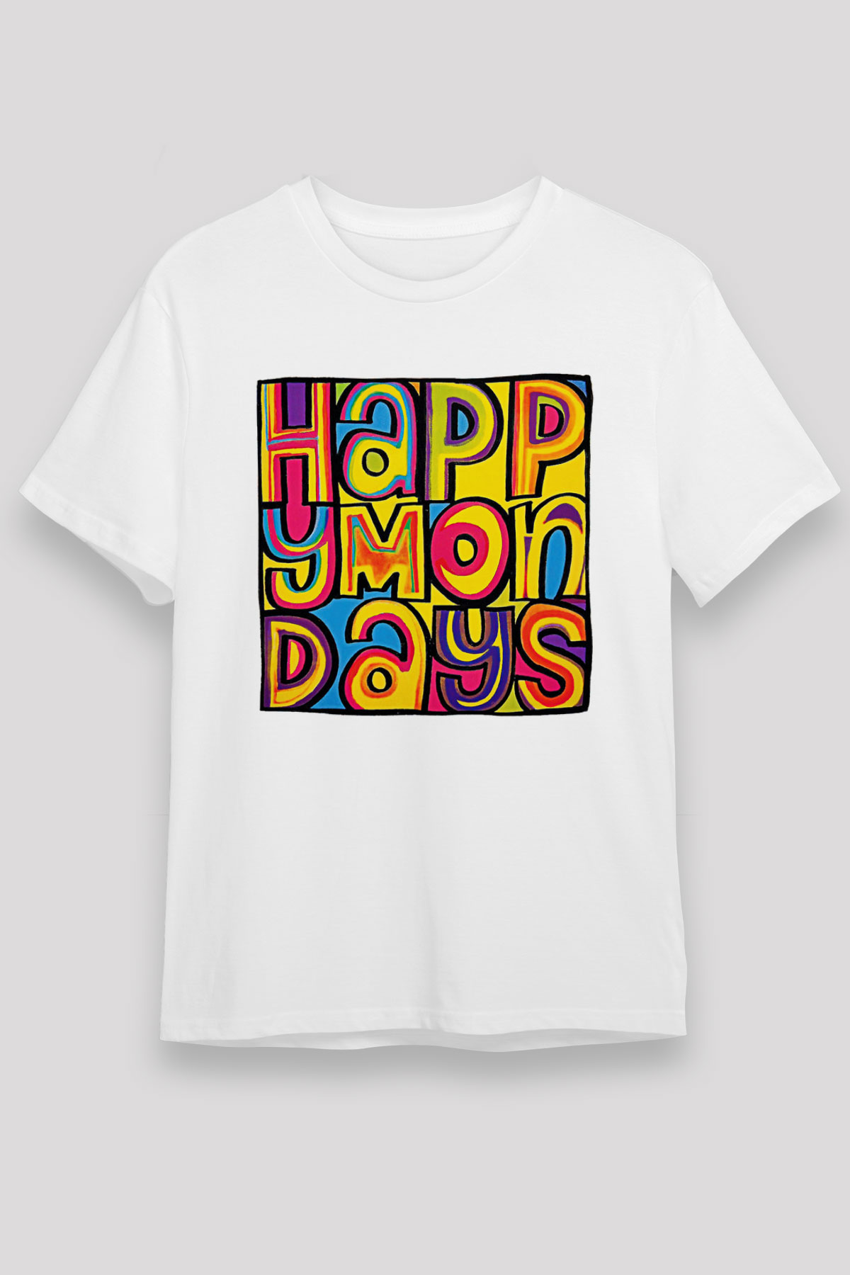 Happy Mondays Baskılı Unisex Beyaz Tişört - Tshirt