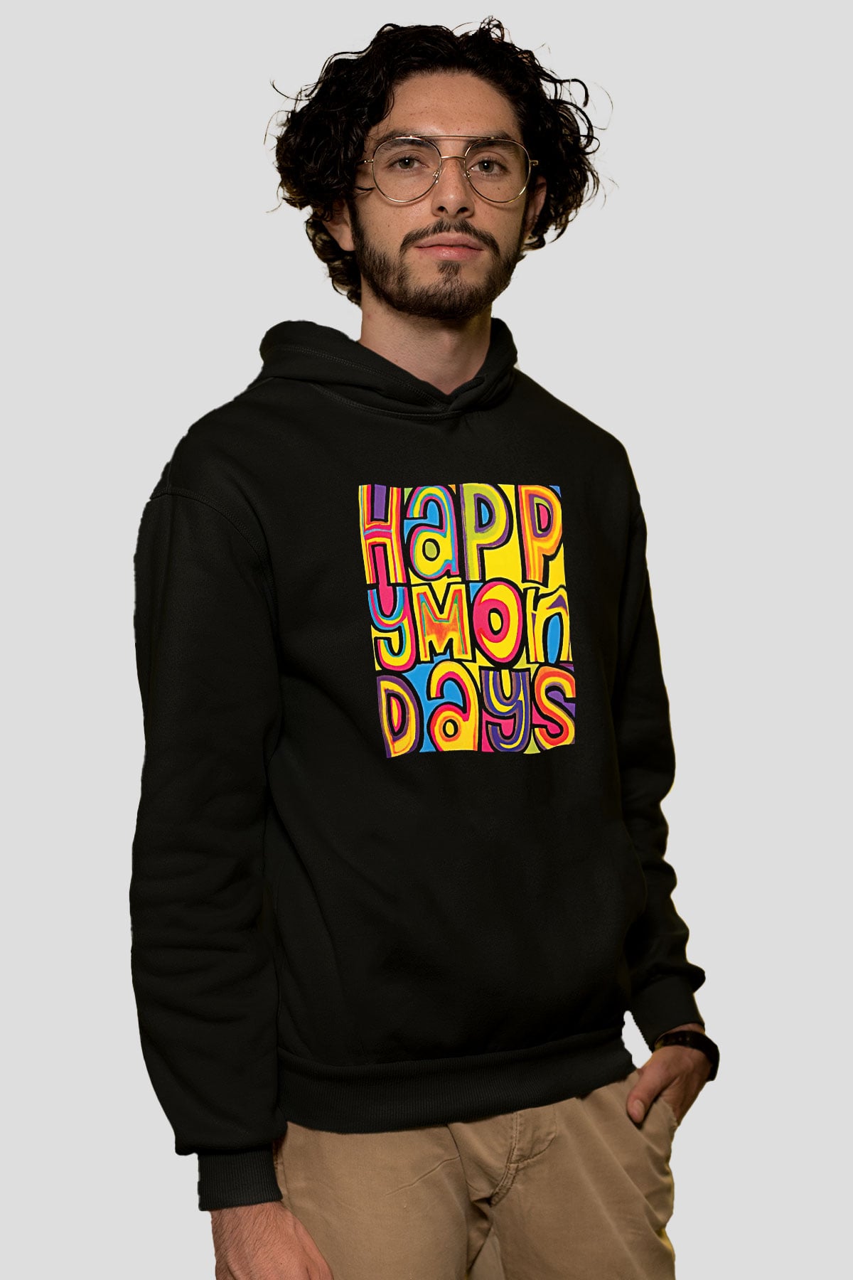Happy Mondays Baskılı Unisex Siyah Kapüşonlu Sweatshirt