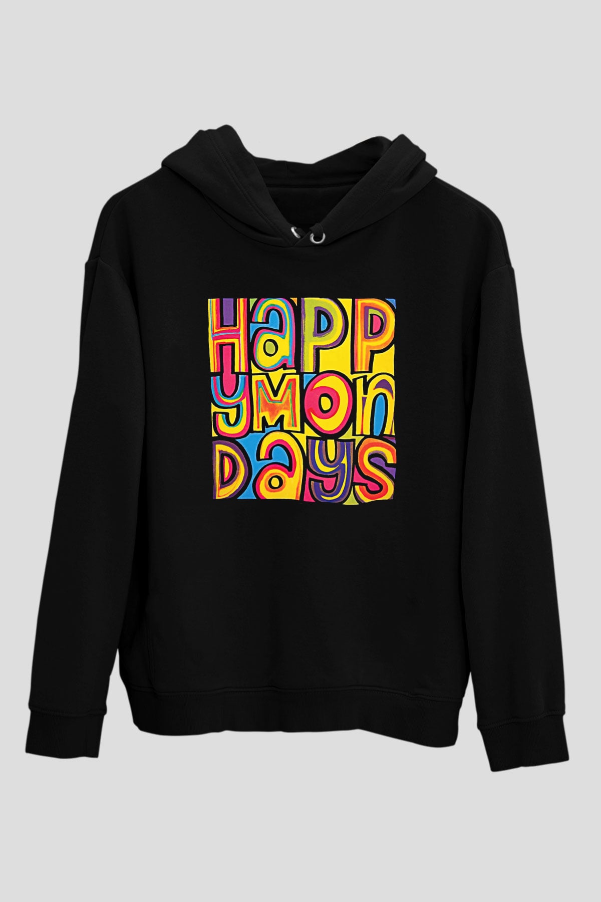 Happy Mondays Baskılı Unisex Siyah Kapüşonlu Sweatshirt