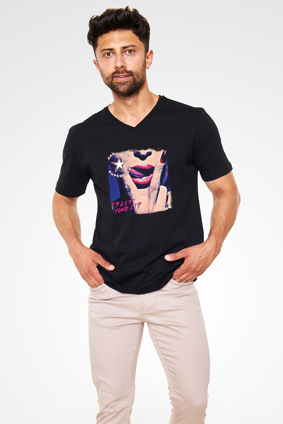 Hardcore Superstar Baskılı Unisex Siyah V Yaka Tişört