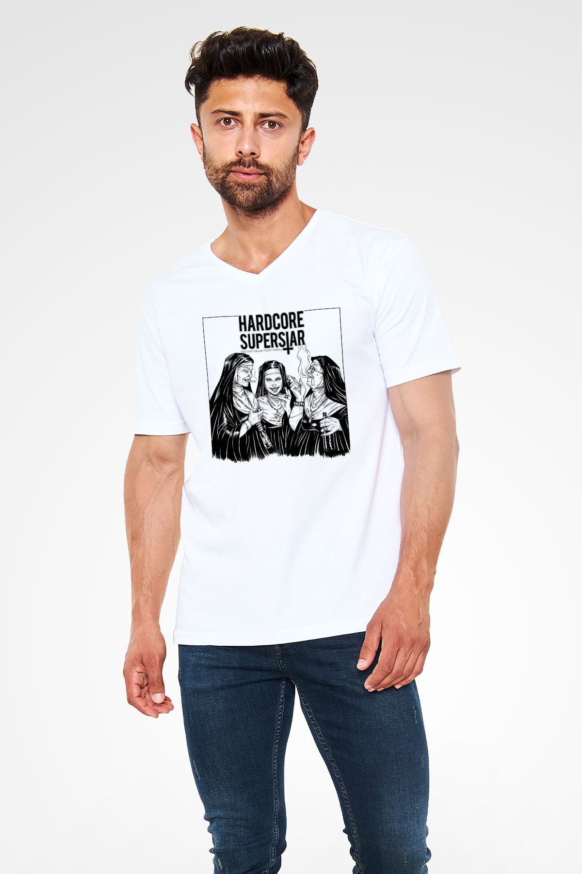 Hardcore Superstar Beyaz Unisex V Yaka Tişört T-Shirt