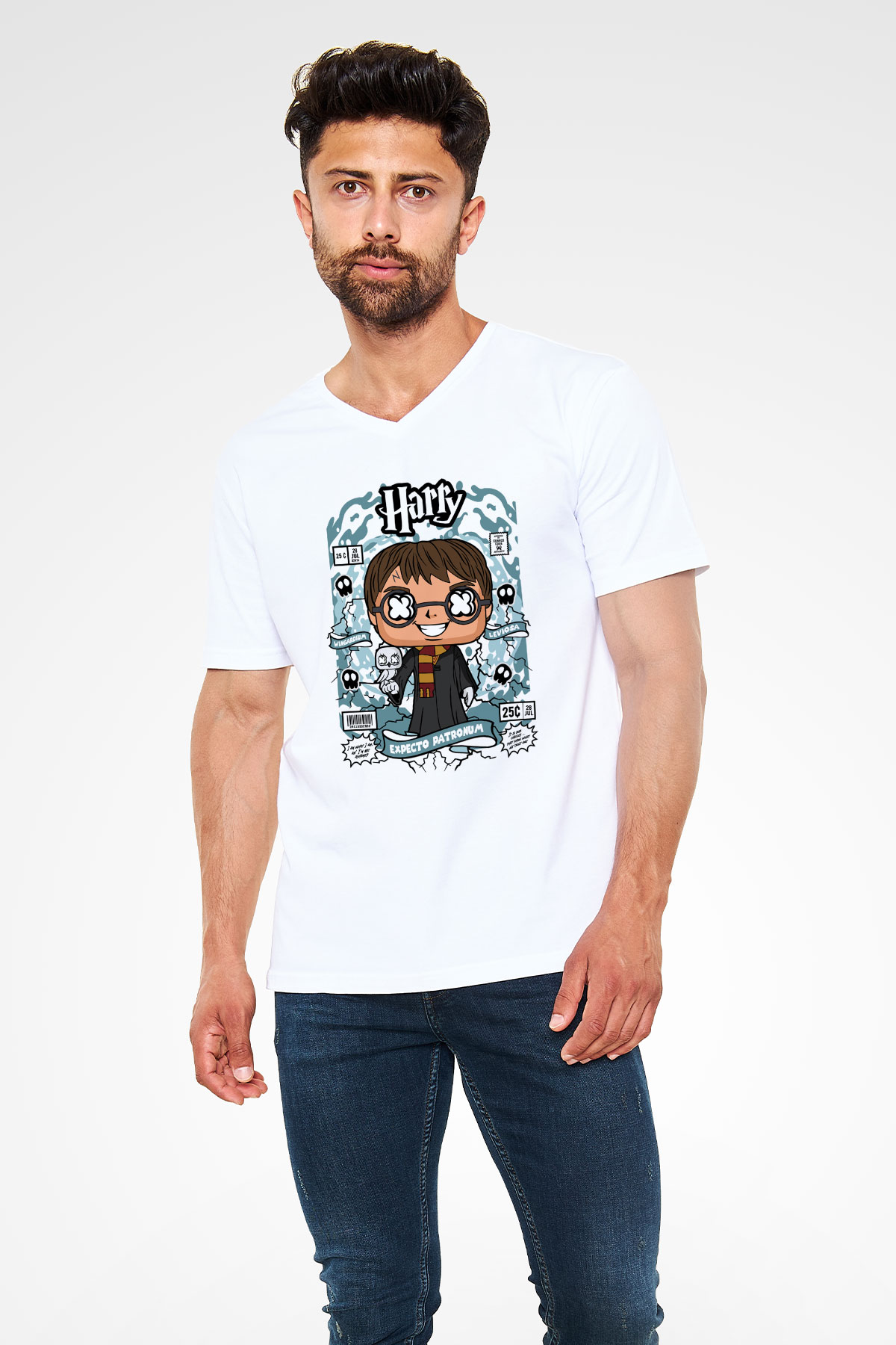 Harry Baskılı Unisex Beyaz V Yaka Tişört