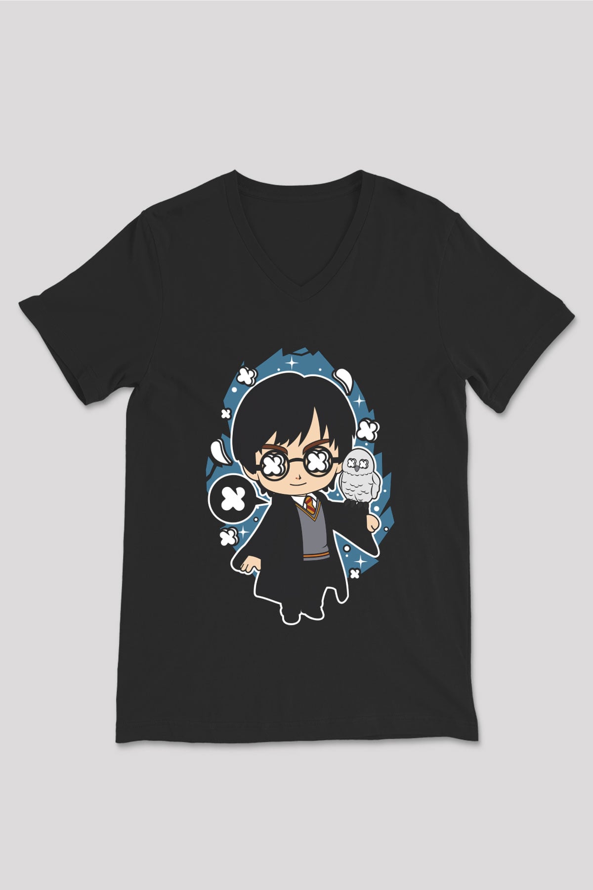 Harry Baskılı Unisex Siyah V Yaka Tişört