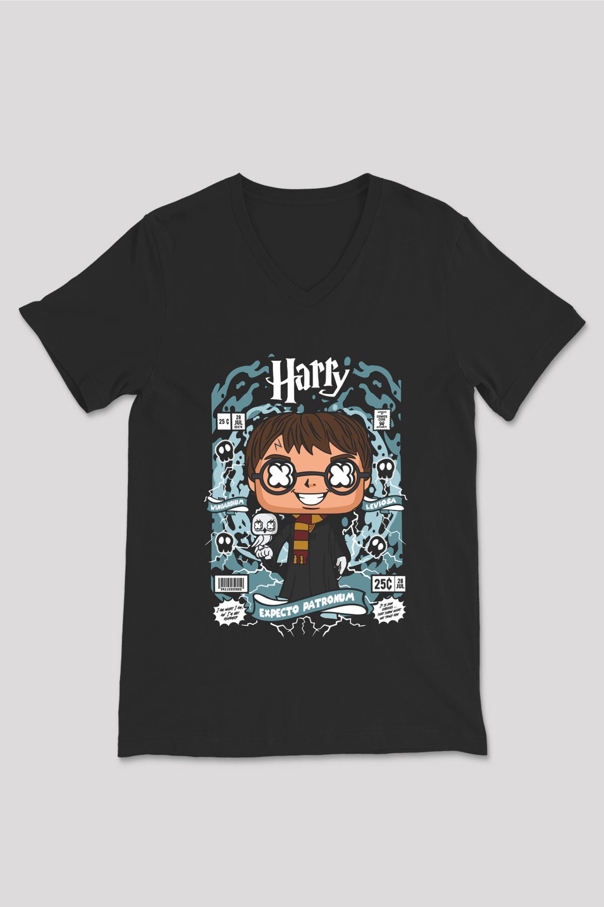 Harry Baskılı Unisex Siyah V Yaka Tişört