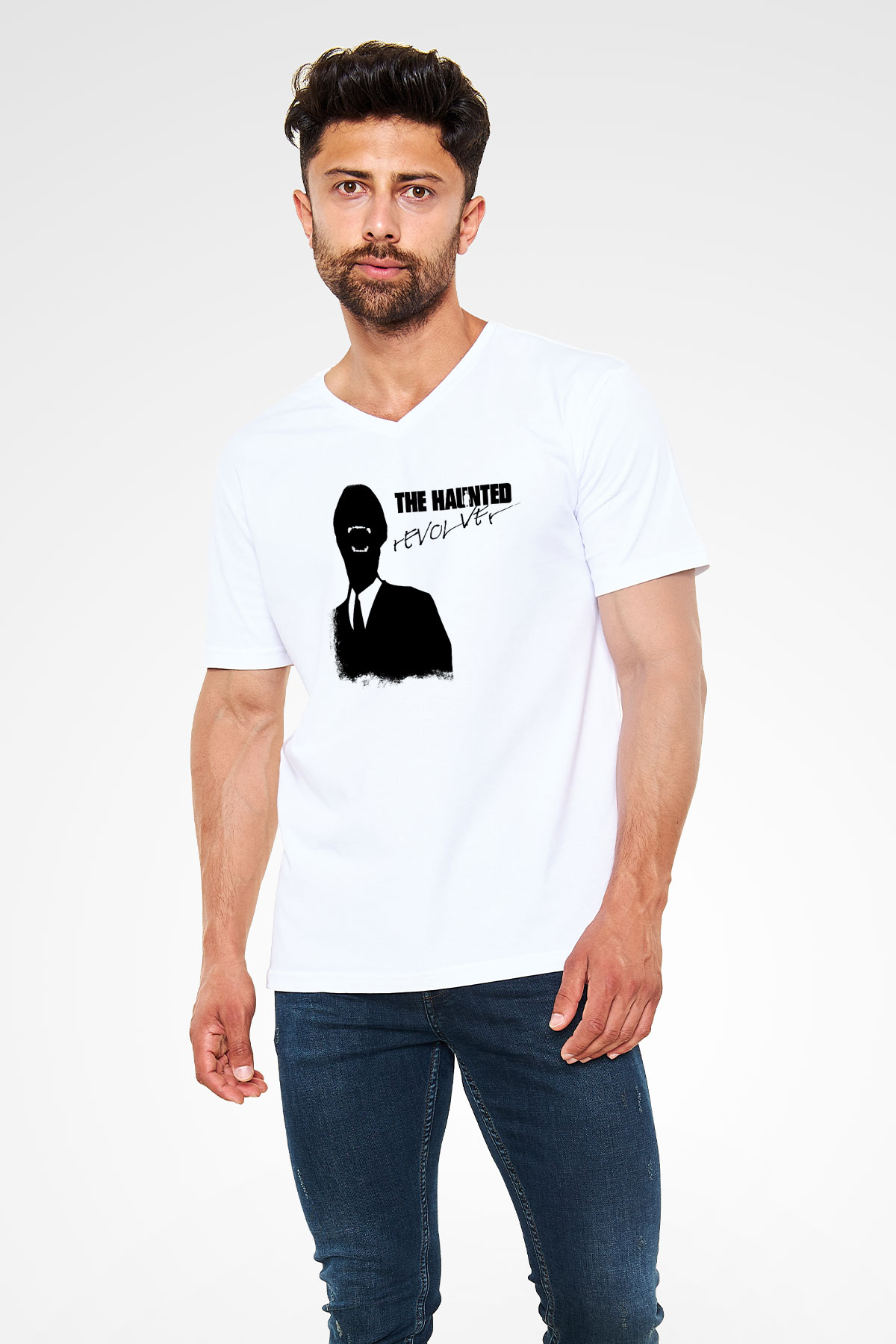 Haunted (The) Baskılı Unisex Beyaz V Yaka Tişört
