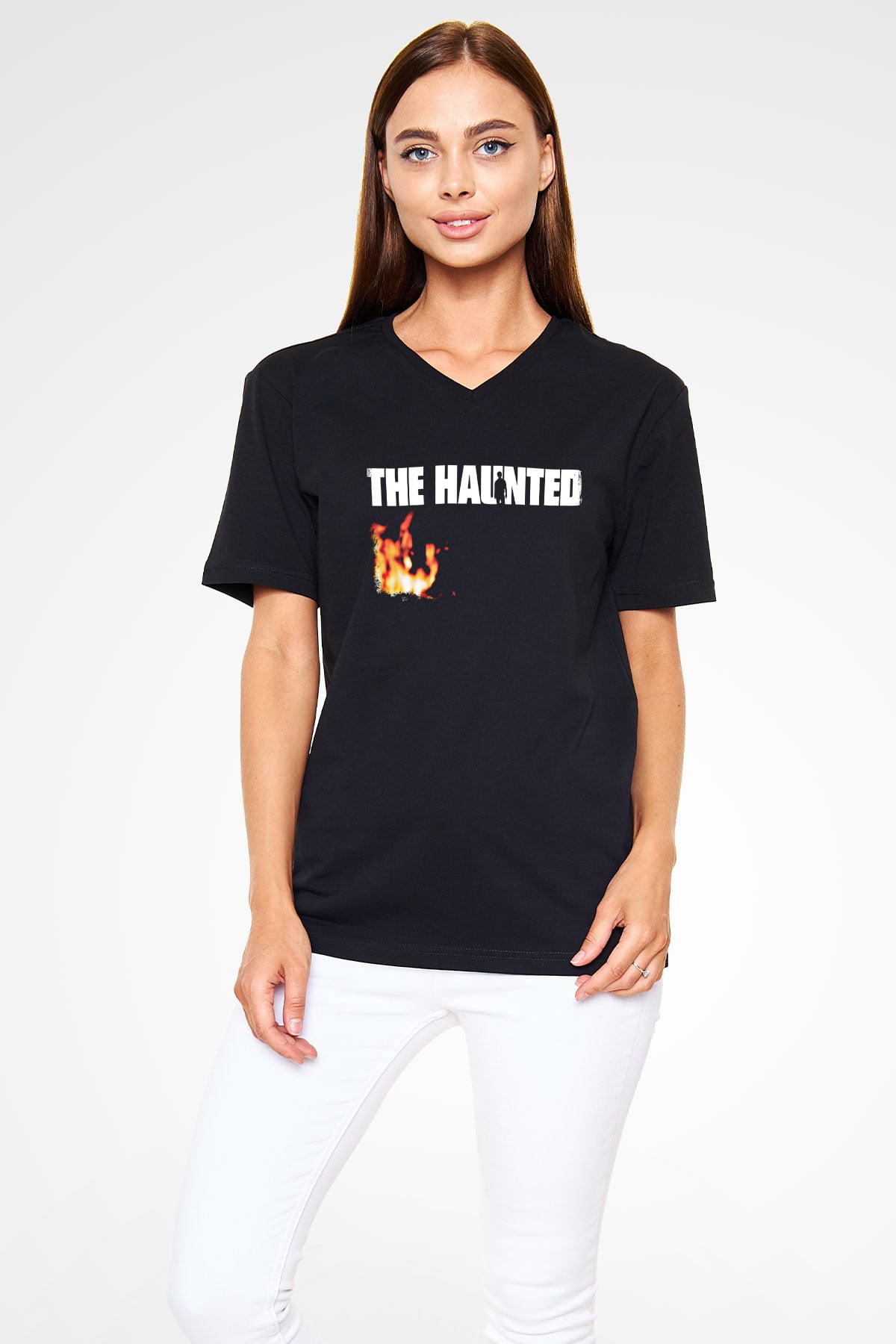 Haunted (The) Baskılı Unisex Siyah V Yaka Tişört
