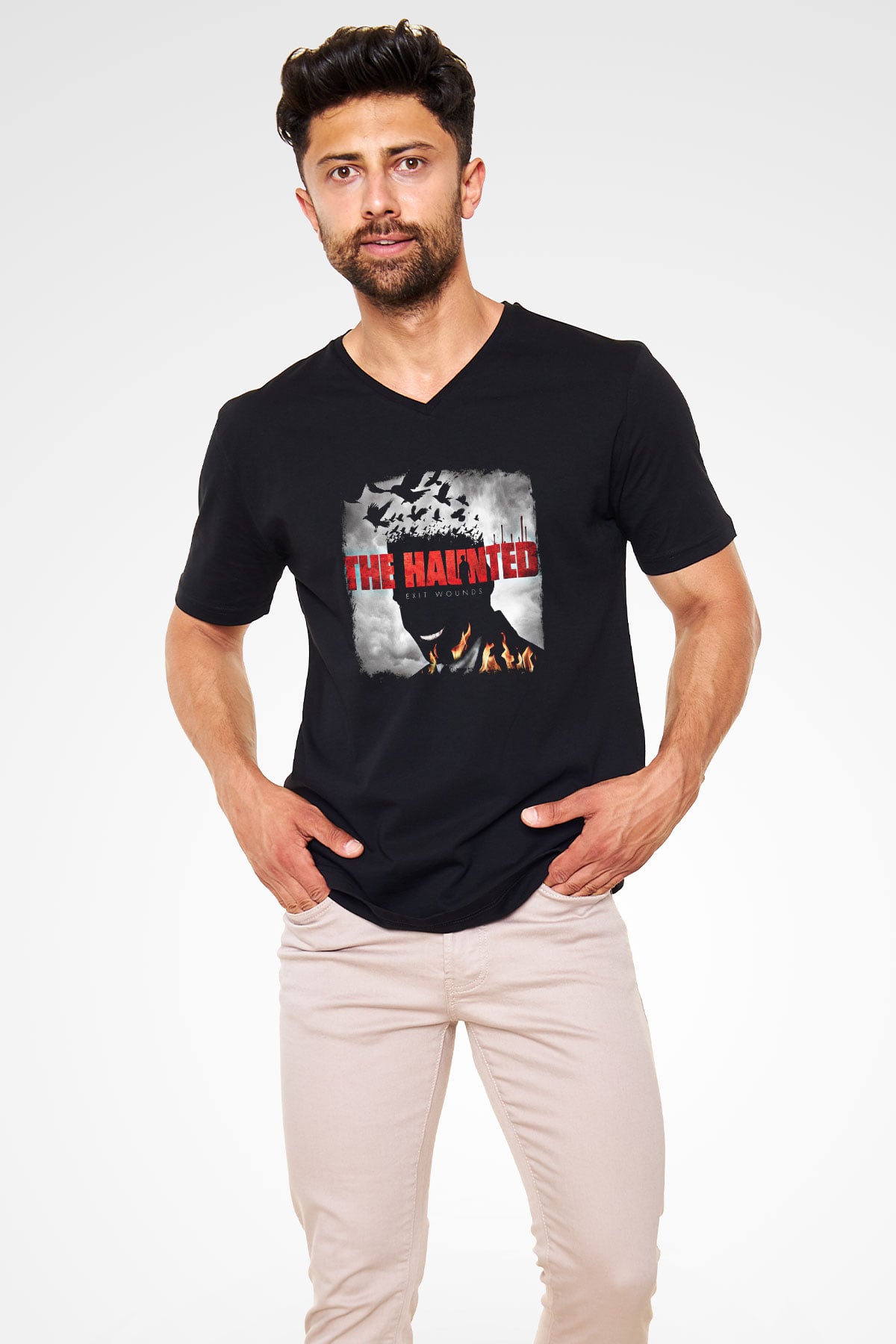 Haunted (The) Baskılı Unisex Siyah V Yaka Tişört