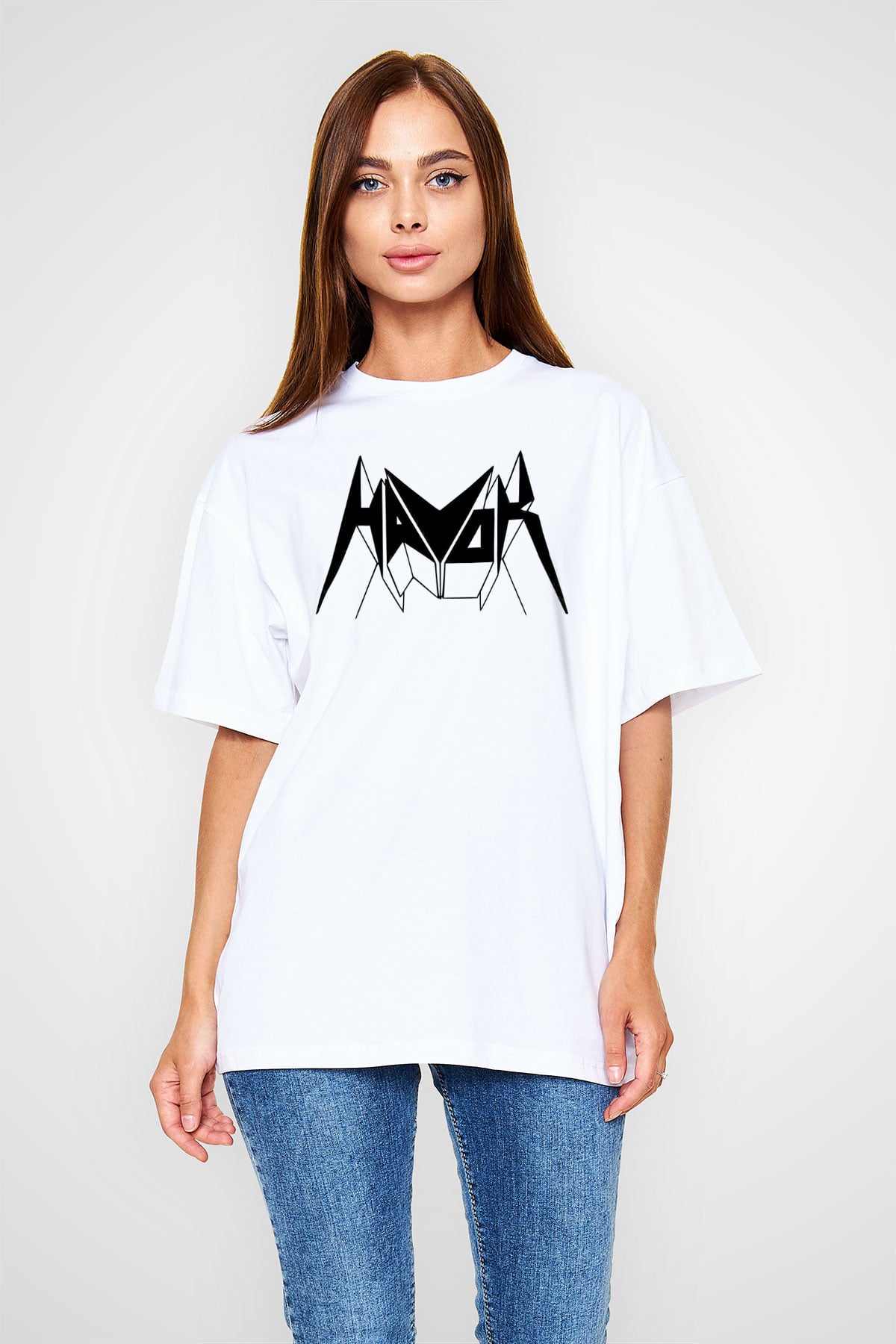 Havok Baskılı Beyaz Unisex Oversize Tişört - Tshirt