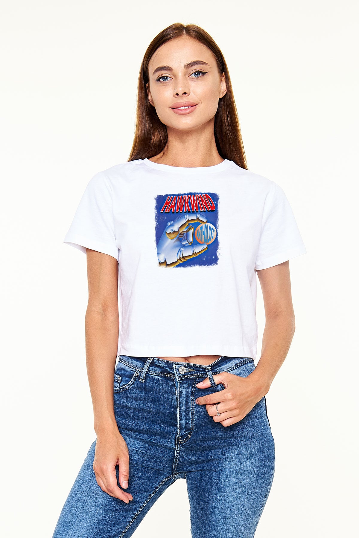 Hawkwind Baskılı Unisex Beyaz Crop Top Tişört