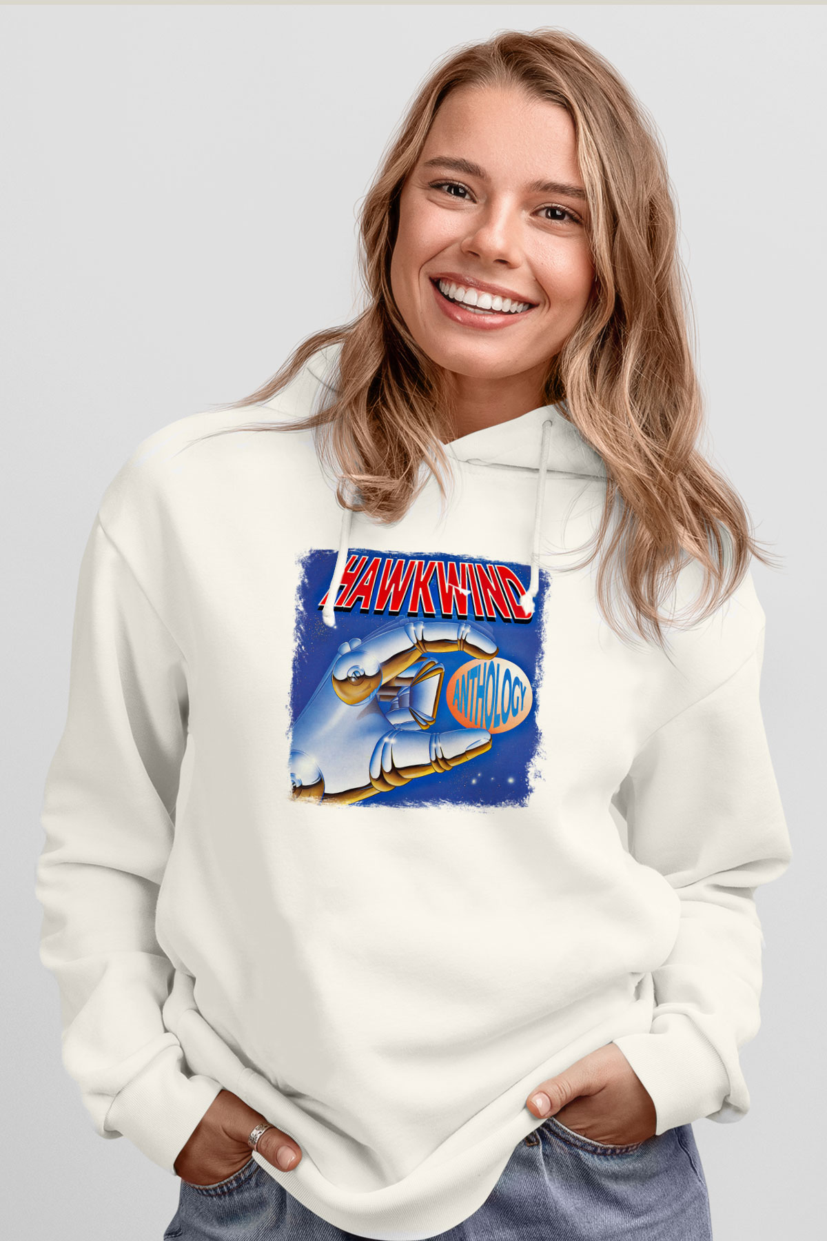 Hawkwind Baskılı Unisex Beyaz Hoodie