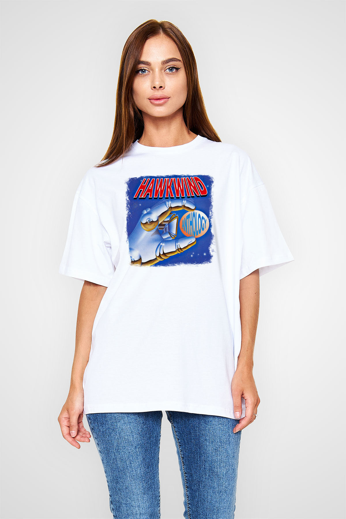 Hawkwind Baskılı Unisex Beyaz Oversize Tişört
