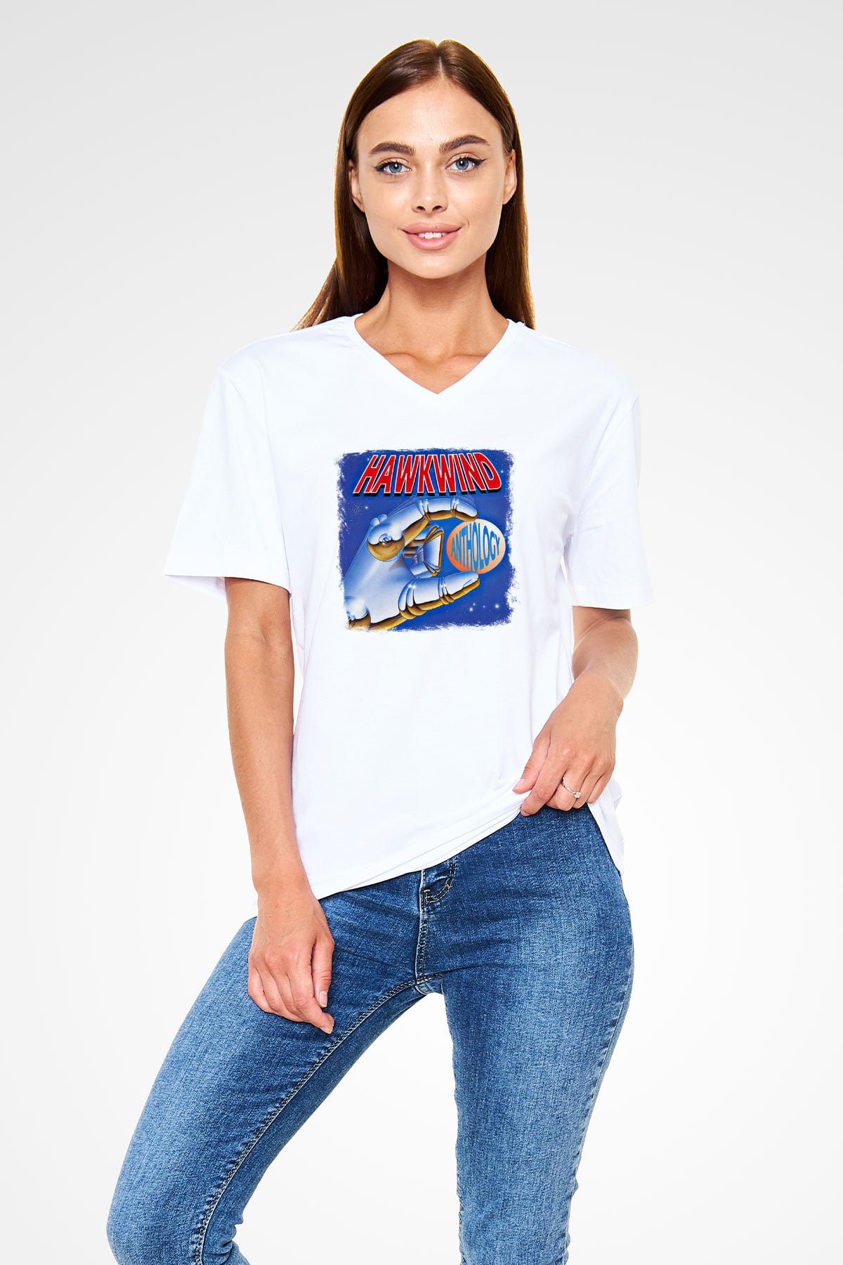Hawkwind Baskılı Unisex Beyaz V Yaka Tişört