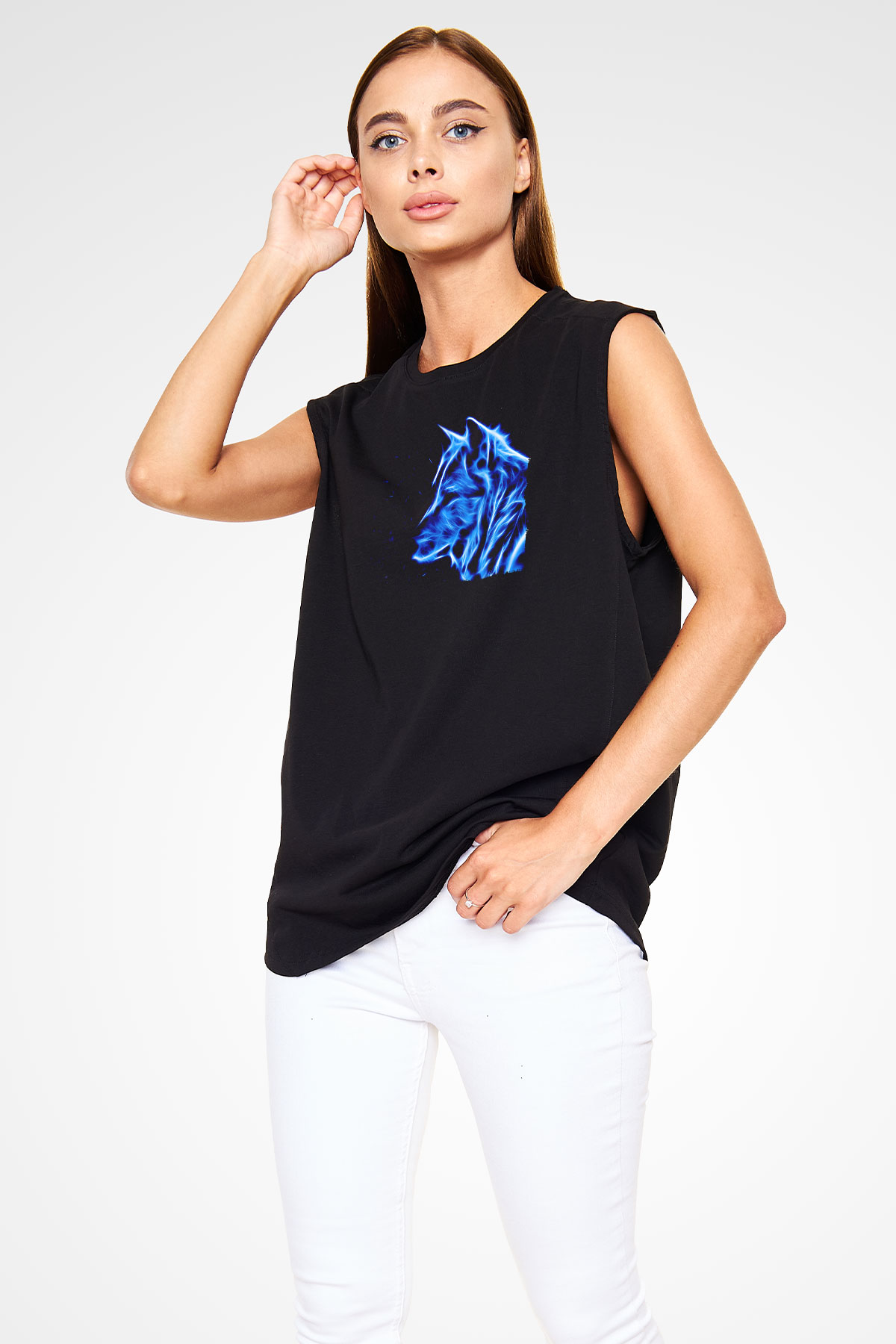 Hayalet Kurt Baskılı Unisex Siyah  Kolsuz Tişört