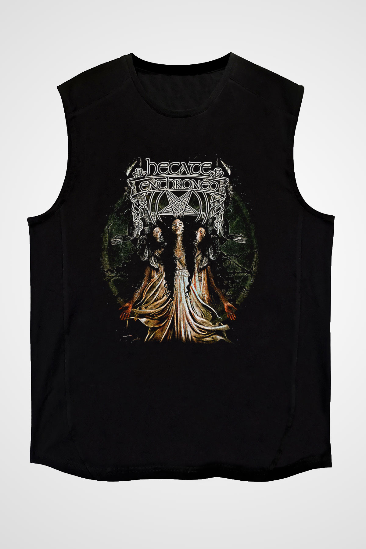 Hecate Enthroned Baskılı Unisex Siyah Kolsuz Tişört - Tshirt