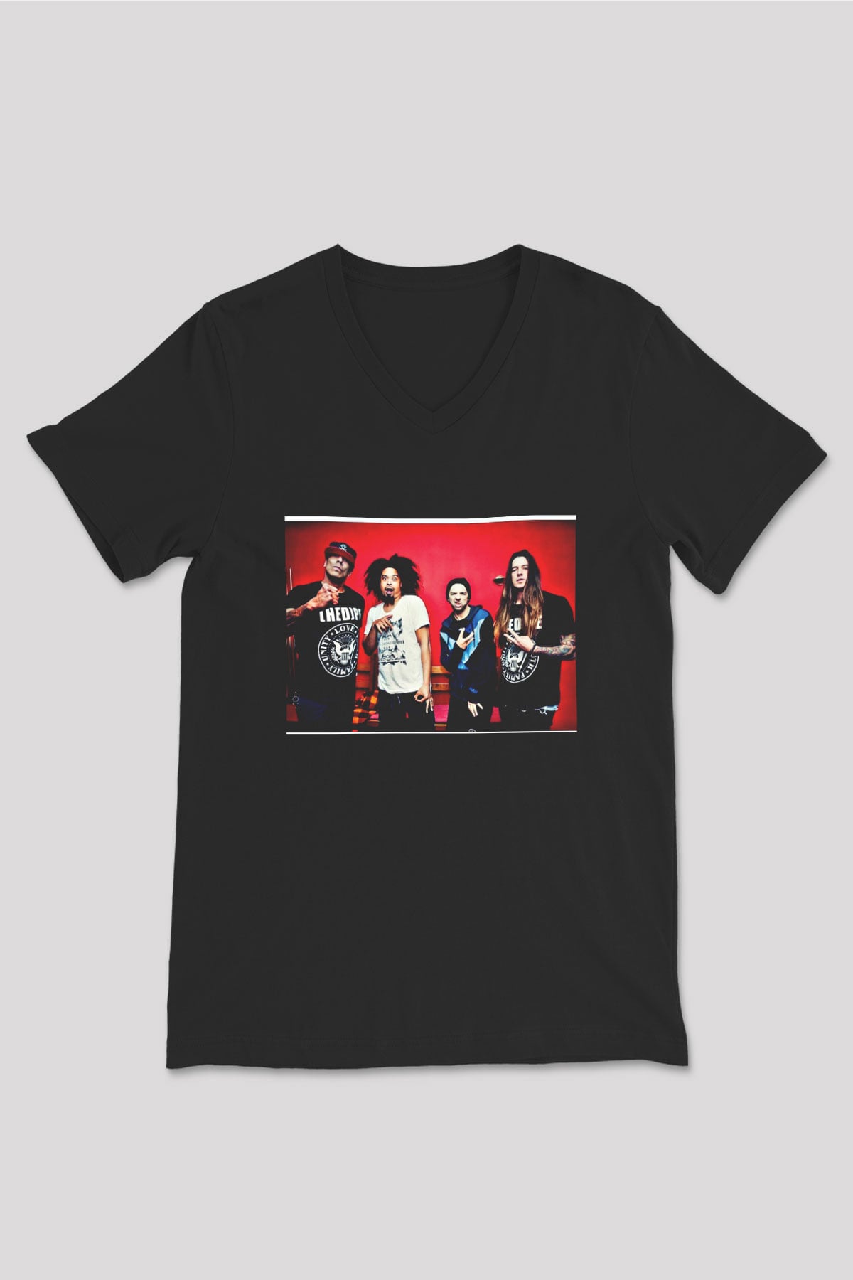Hed PE Baskılı Unisex Siyah V Yaka Tişört