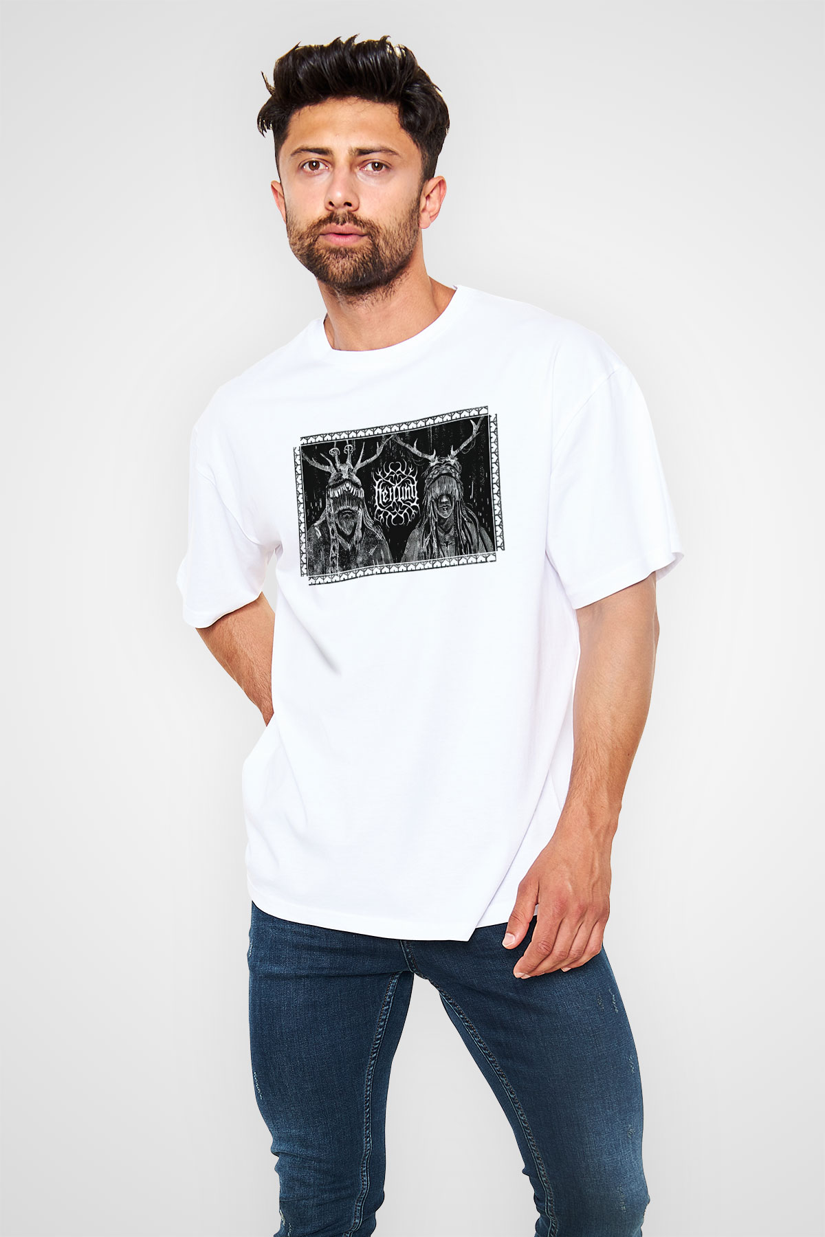 Heilung Baskılı Beyaz Unisex Oversize Tişört - Tshirt