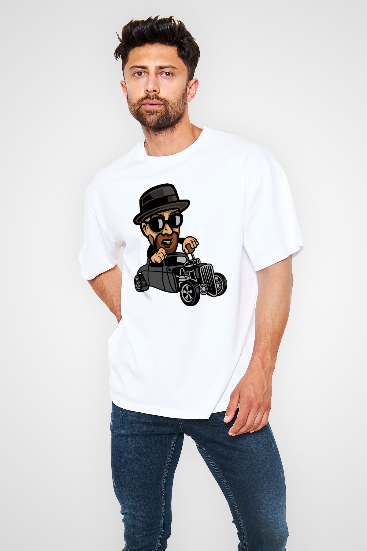 Heisenberg Hotrod Baskılı Unisex Beyaz Oversize Tişört