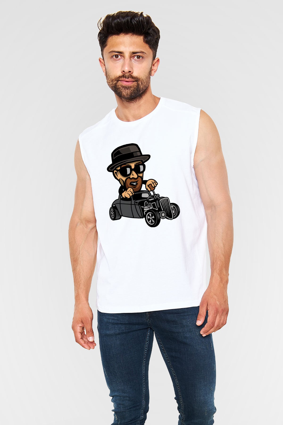 Heisenberg Hotrod Baskılı Unisex Beyaz Kolsuz Tişört