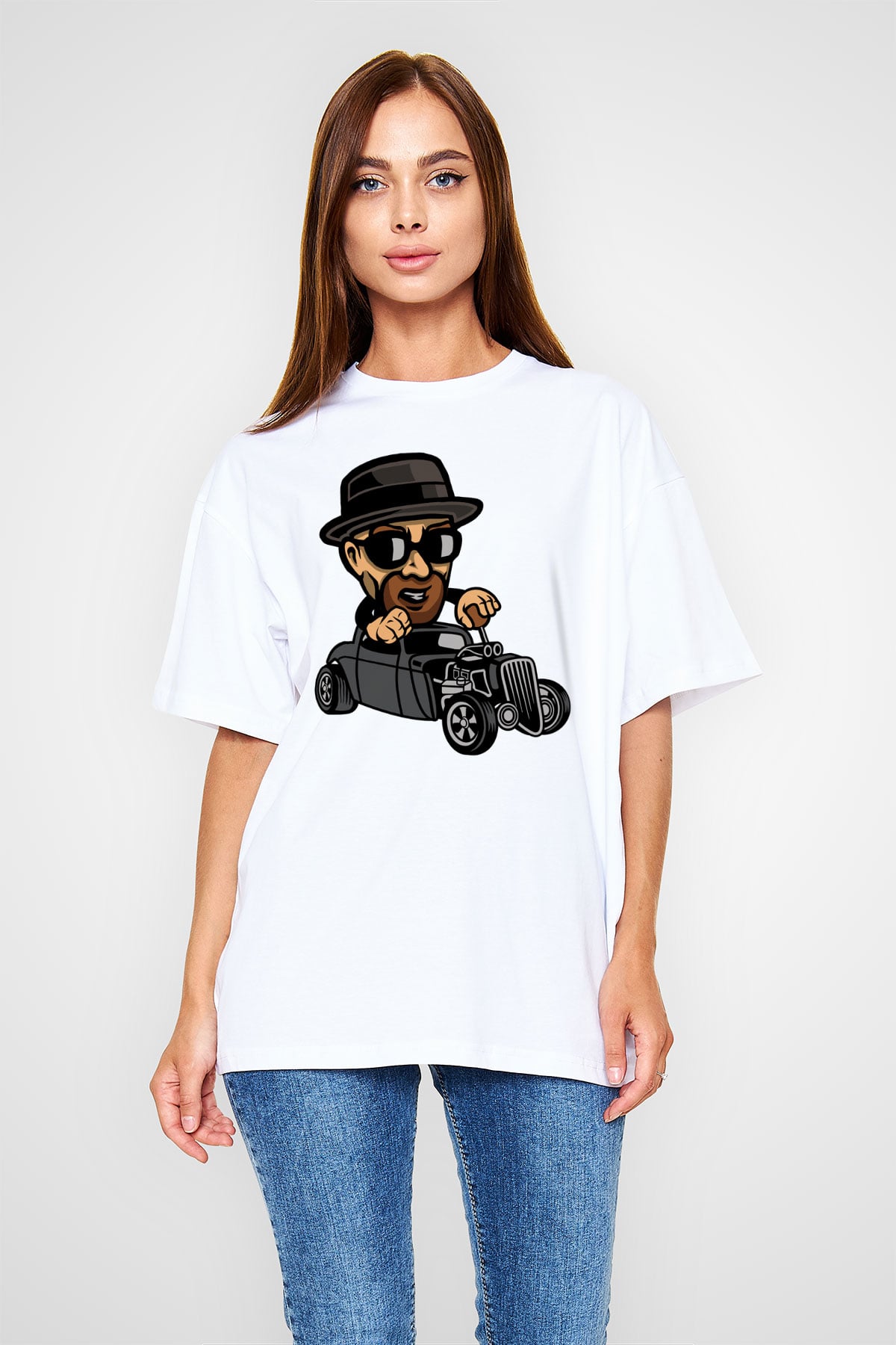 Heisenberg Hotrod Baskılı Unisex Beyaz Oversize Tişört
