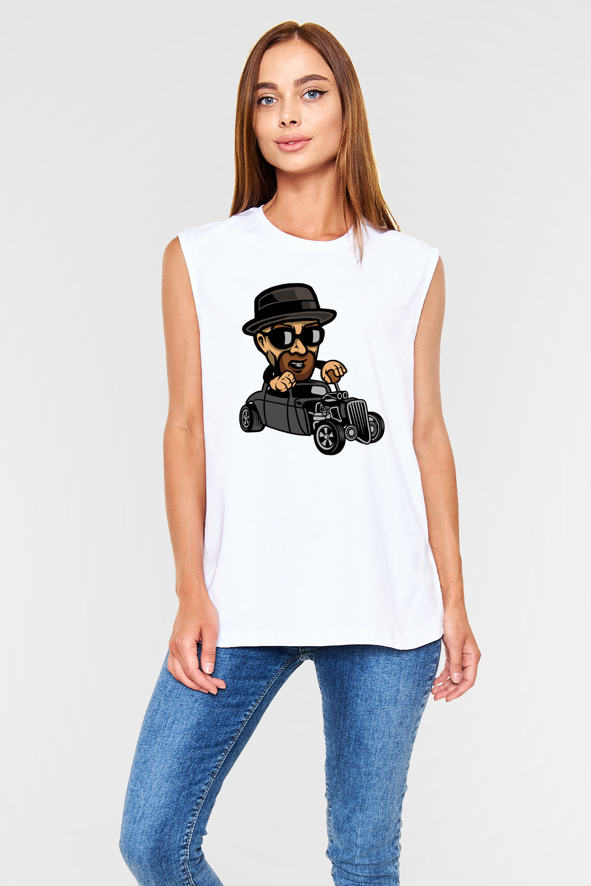 Heisenberg Hotrod Baskılı Unisex Beyaz Kolsuz Tişört