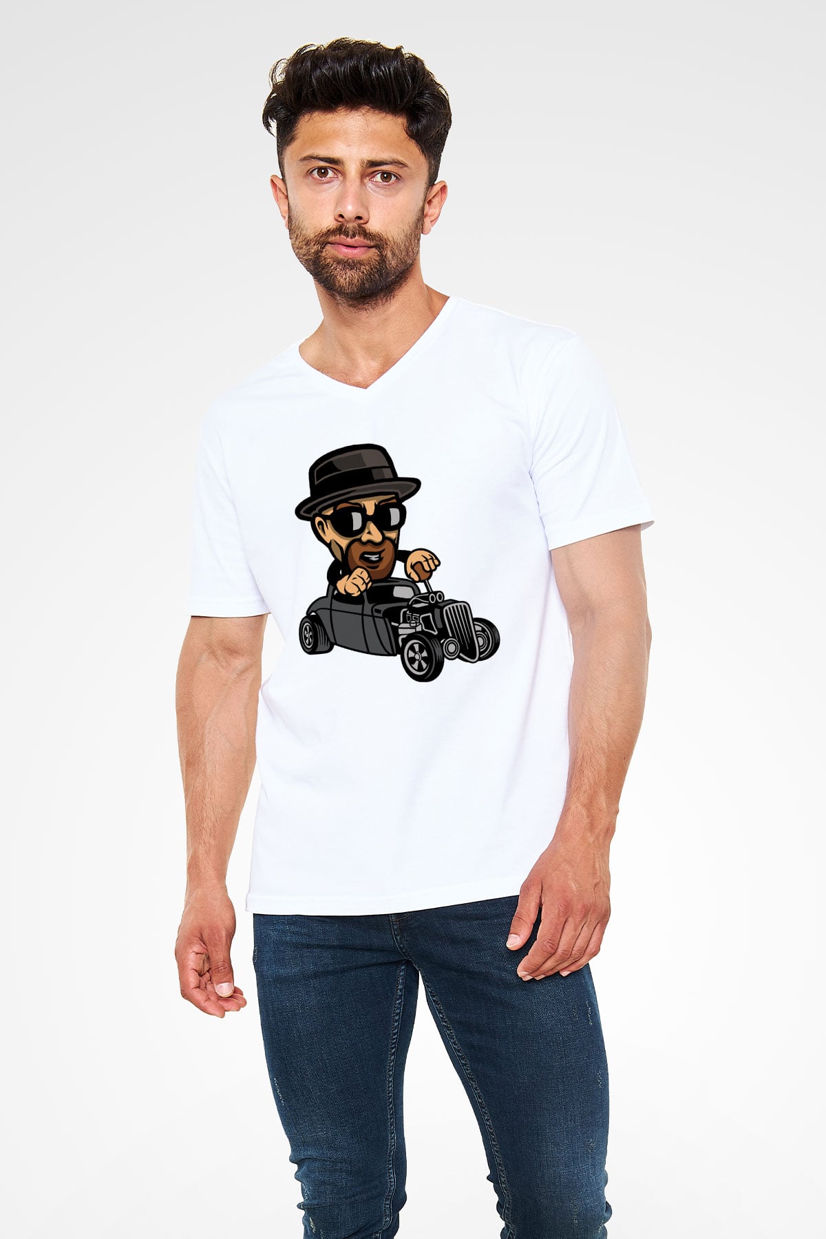 Heisenberg Hotrod Baskılı Unisex Beyaz V Yaka Tişört