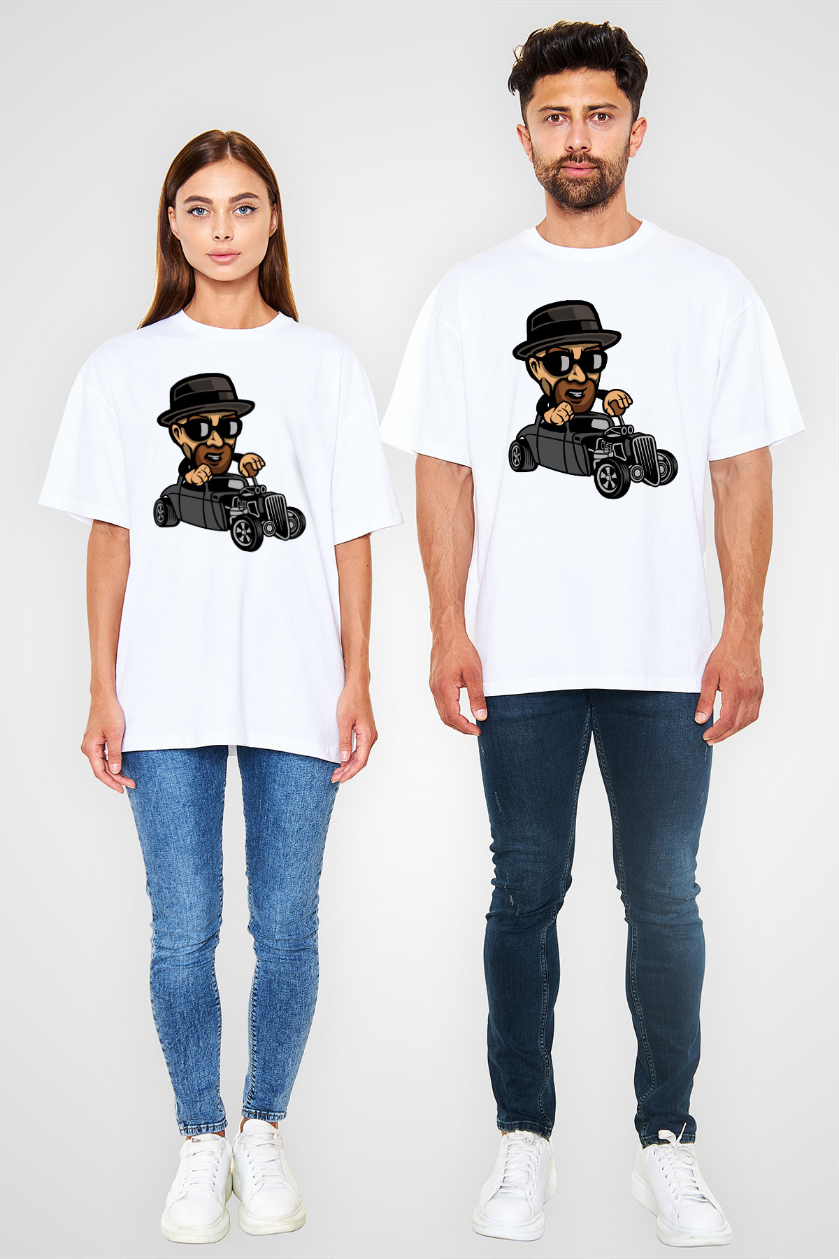 Heisenberg Hotrod Baskılı Unisex Beyaz Oversize Tişört