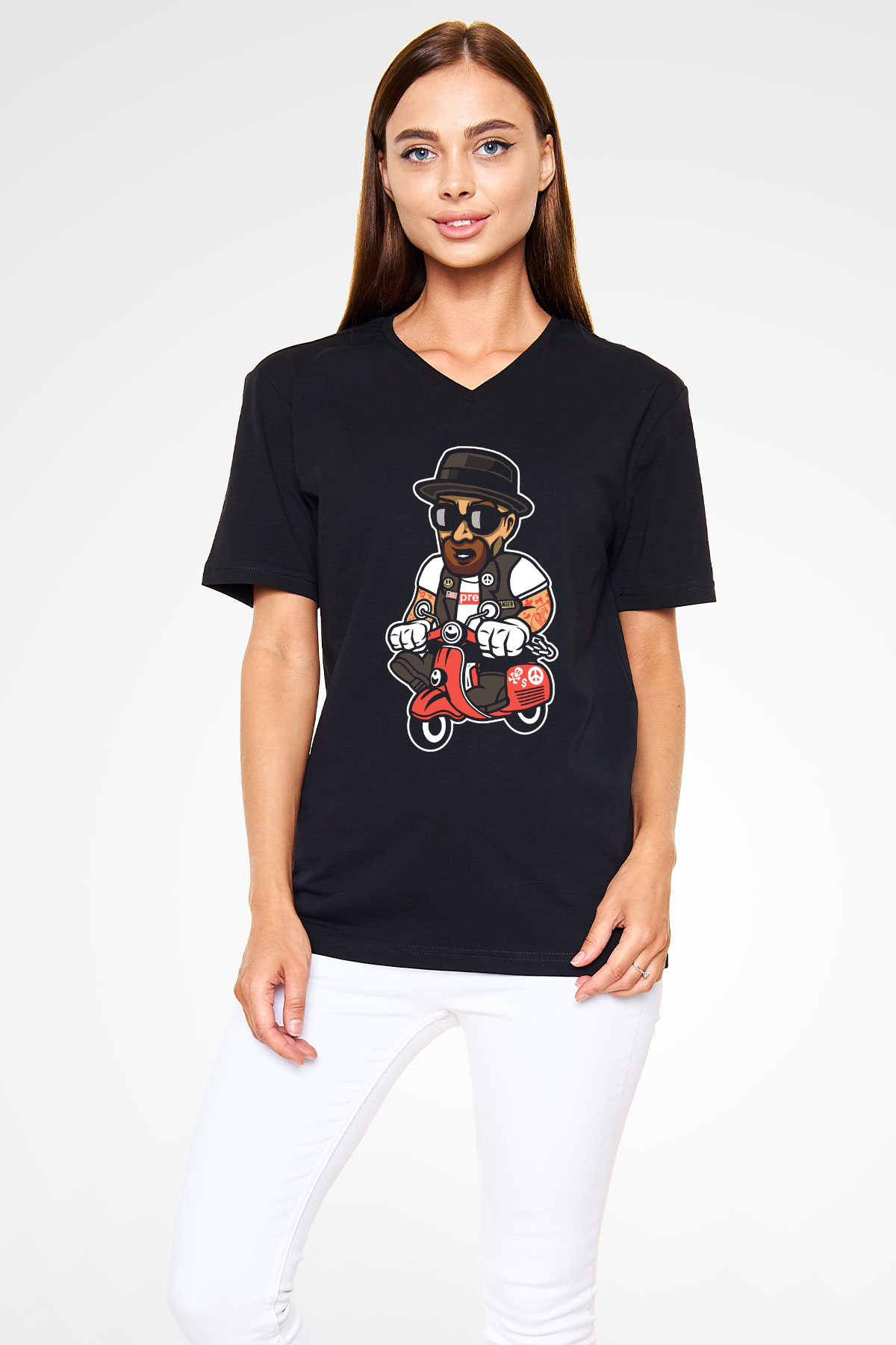 Heisenberg Scooter Baskılı Unisex Siyah V Yaka Tişört
