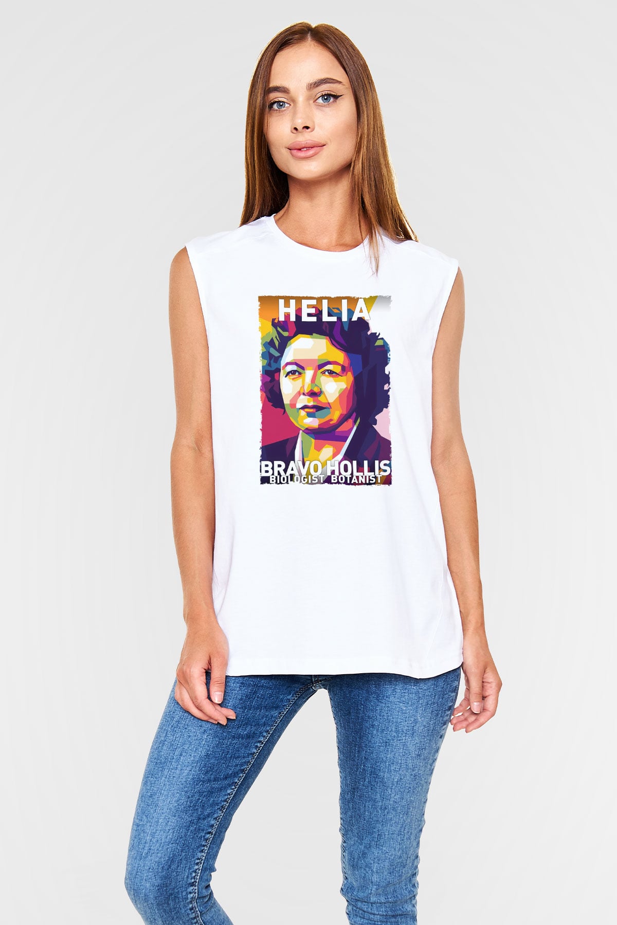 Helia Bravo Hollis Baskılı Unisex Kolsuz Beyaz Tişört - Tshirt