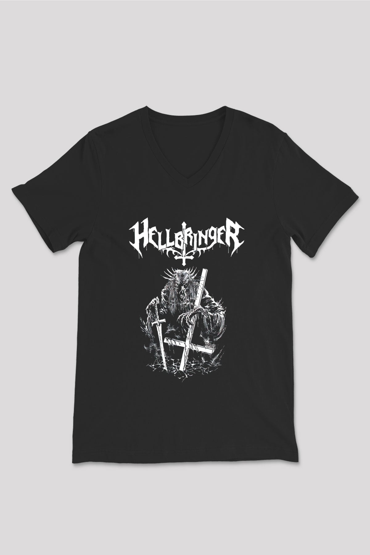 Hellbringer Baskılı Unisex Siyah V Yaka Tişört - Tshirt