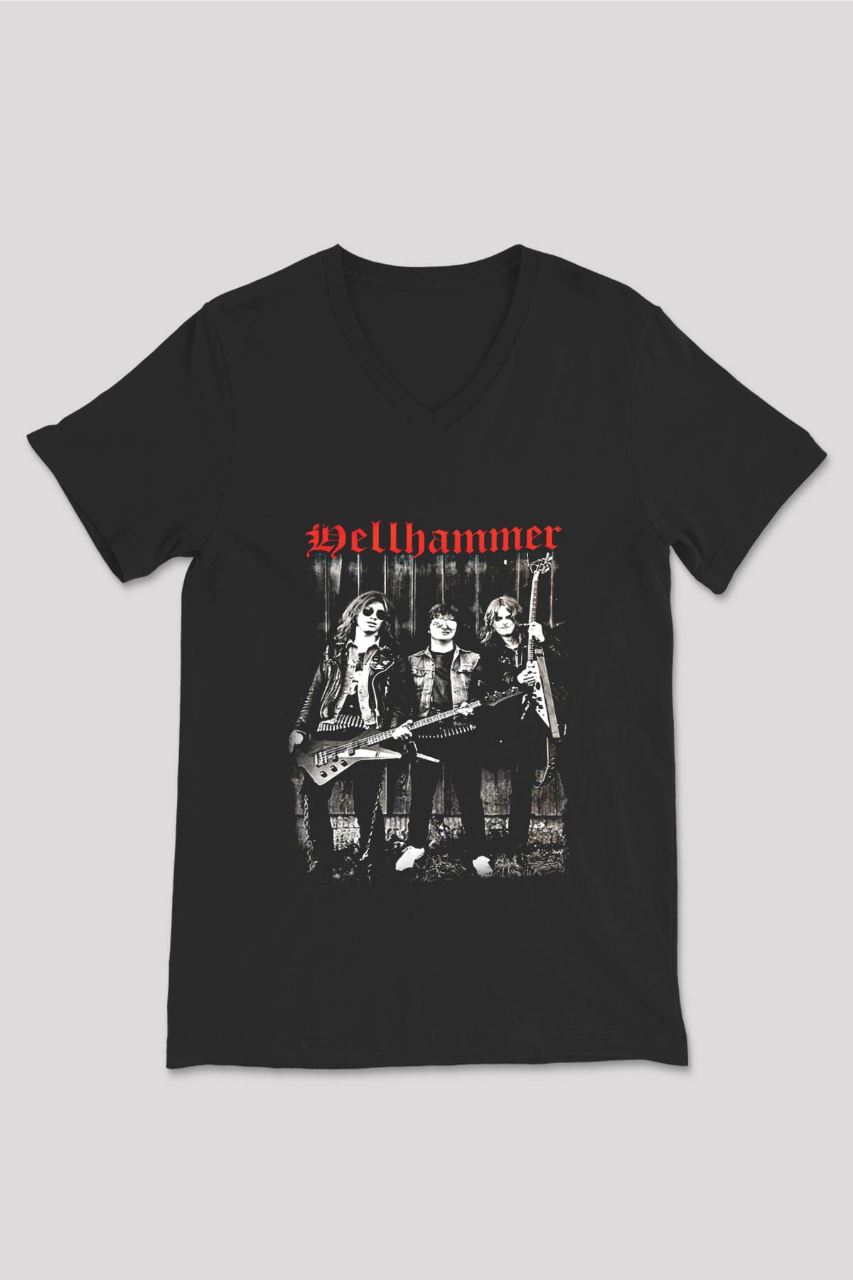 Hellhammer Baskılı Unisex Siyah V Yaka Tişört