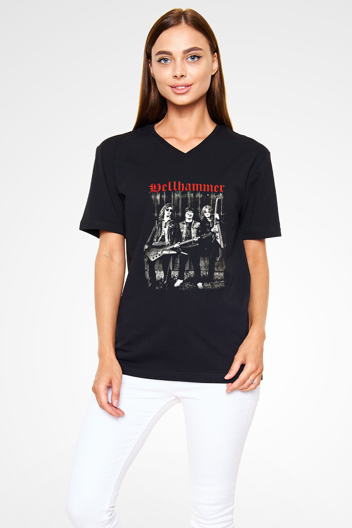 Hellhammer Baskılı Unisex Siyah V Yaka Tişört