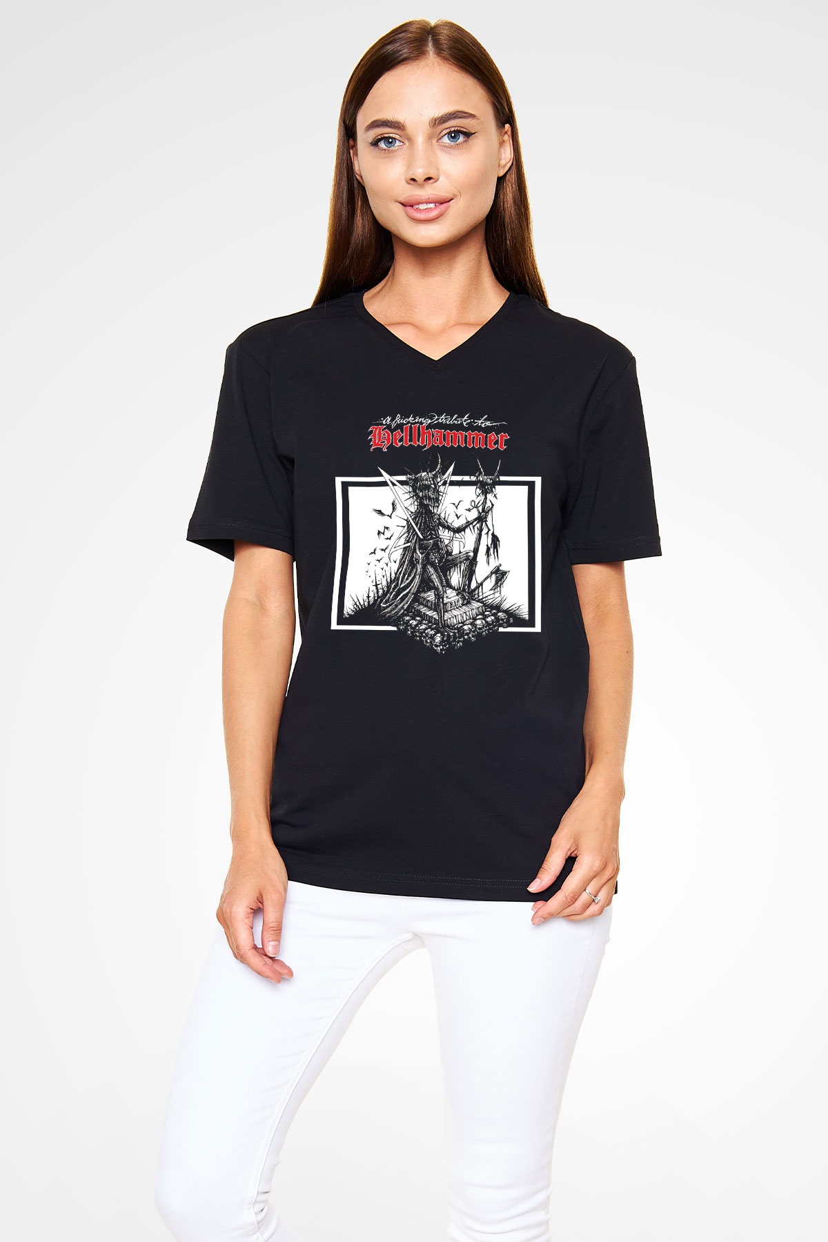Hellhammer Siyah Unisex V Yaka Tişört T-Shirt