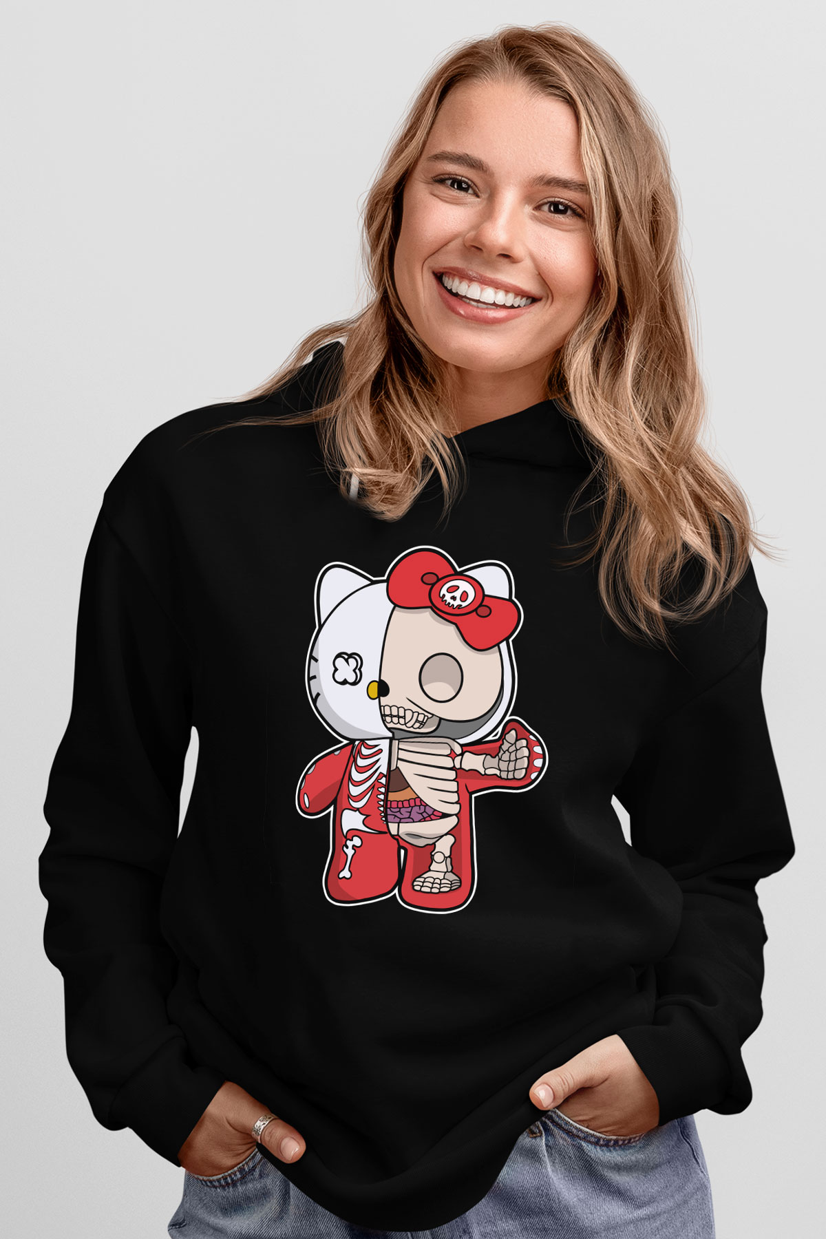 Hello Kity Half Skeleton Baskılı Unisex Siyah Hoodie