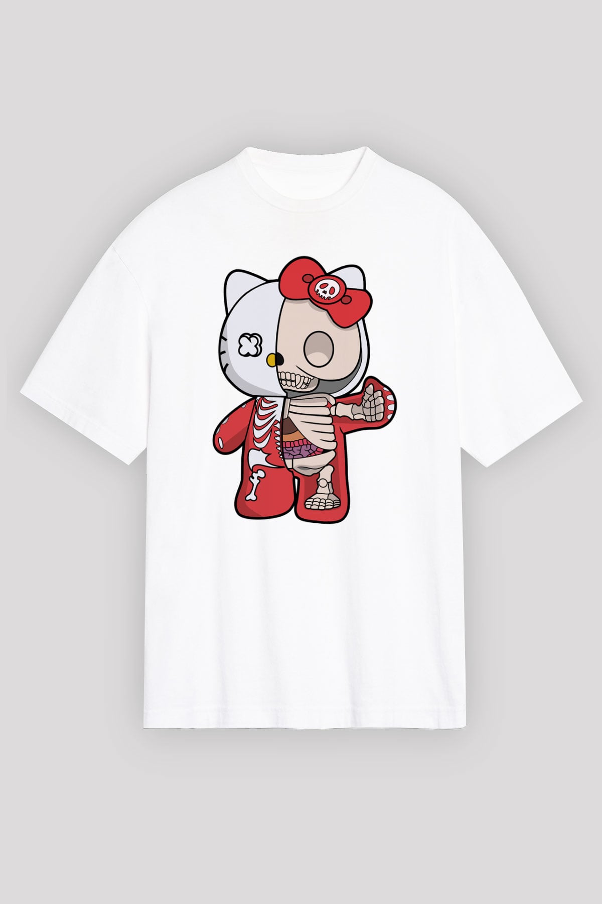 Hello Kity Half Skeleton Baskılı Unisex Beyaz Oversize Tişört