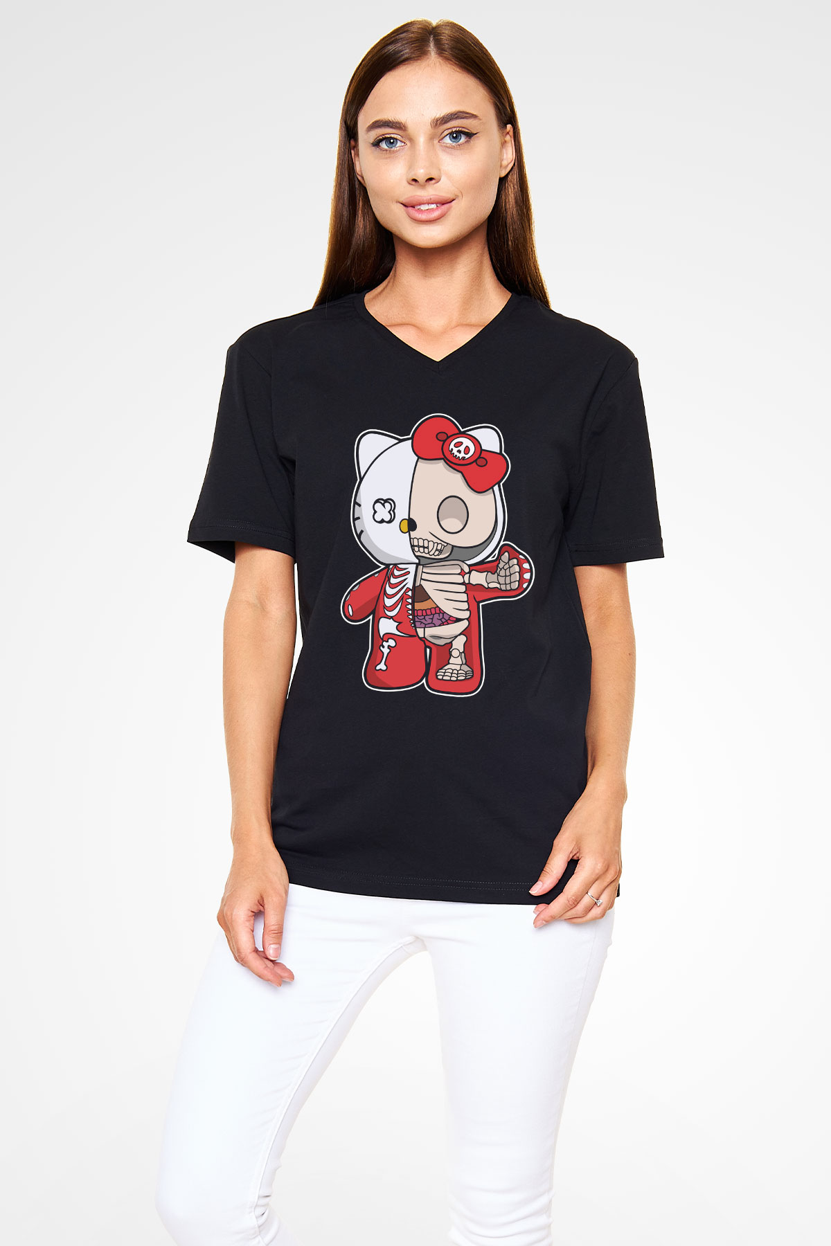 Hello Kity Half Skeleton Baskılı Unisex Siyah V Yaka Tişört
