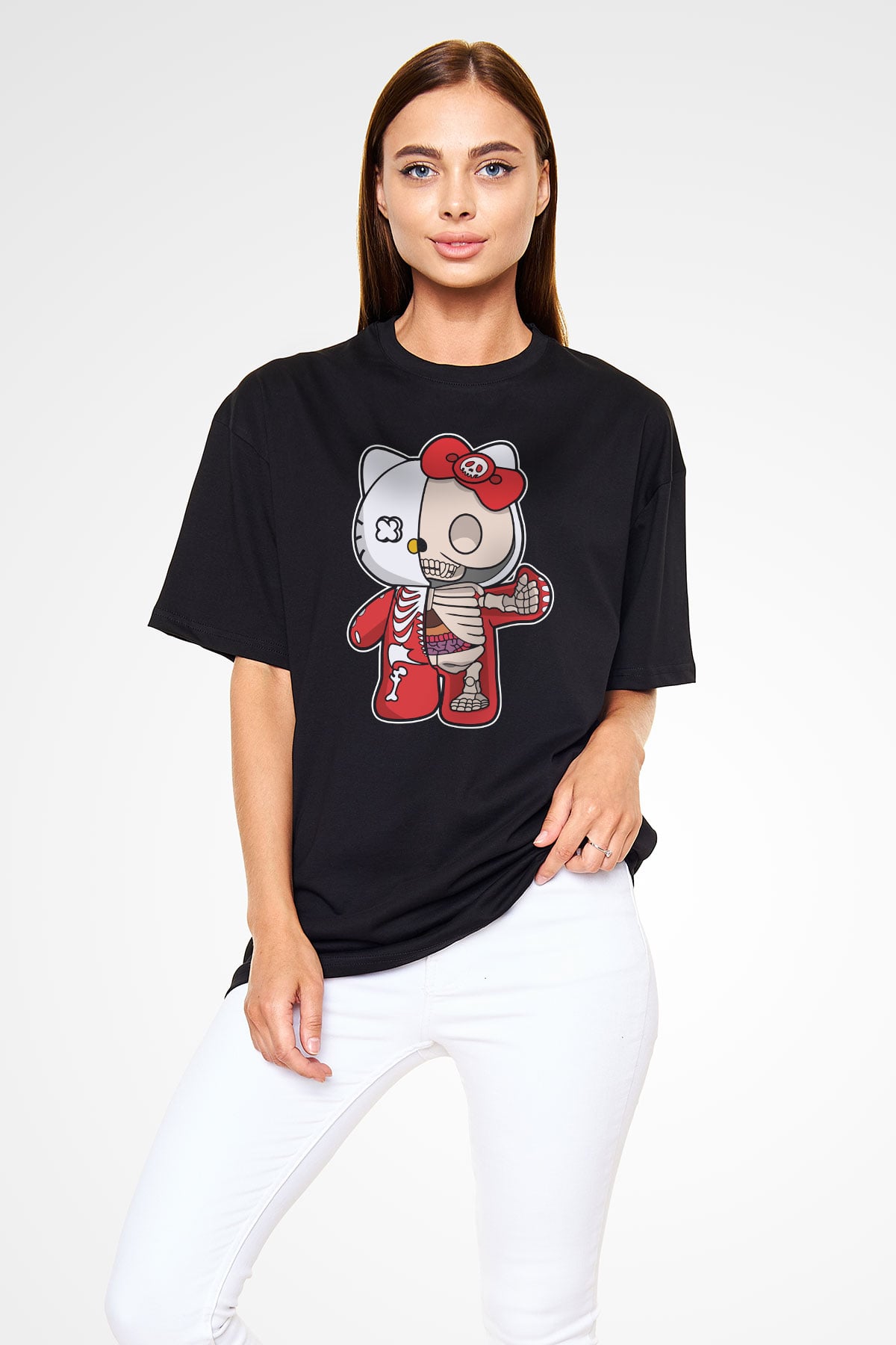 Hello Kity Half Skeleton Baskılı Unisex Siyah Oversize Tişört