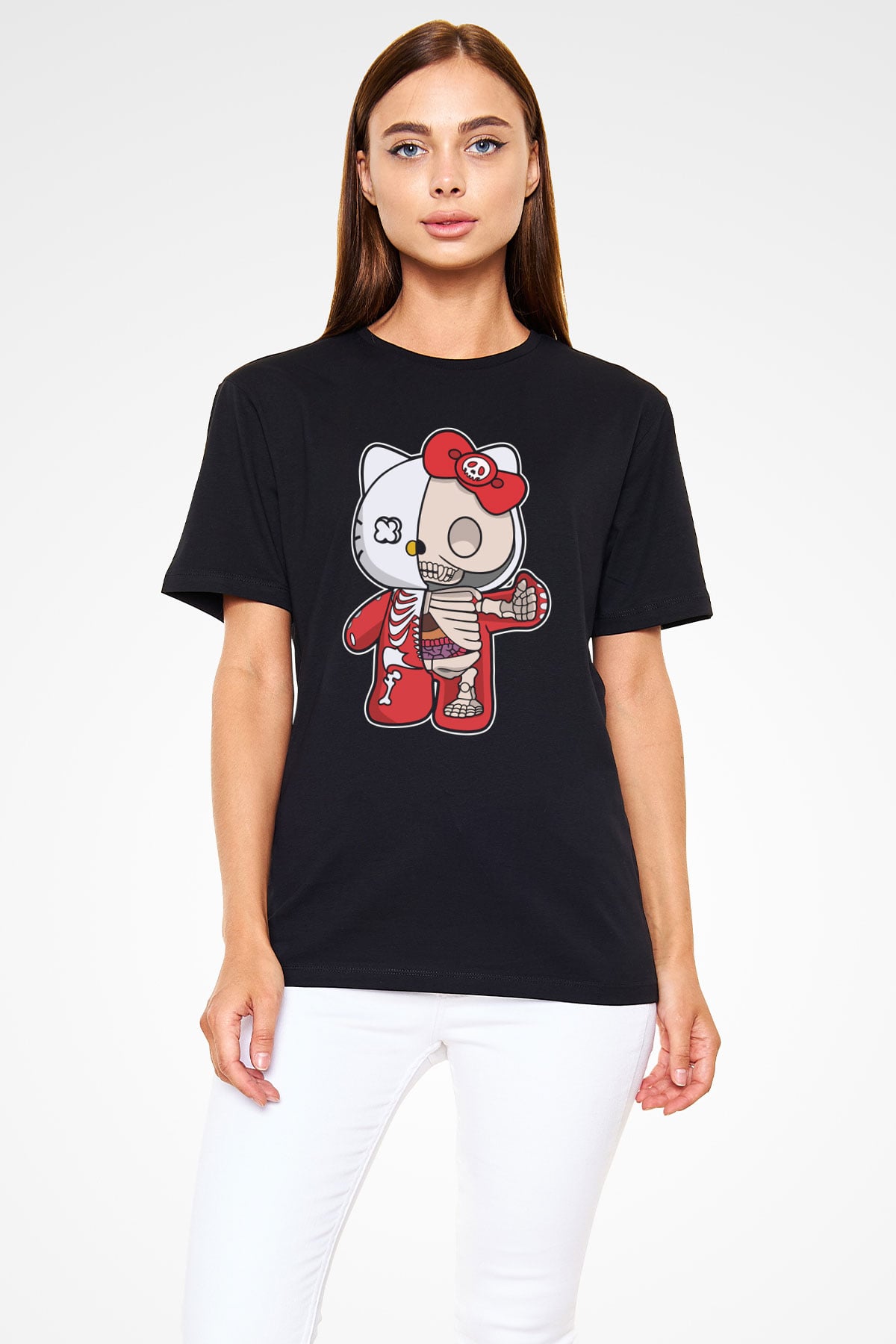 Hello Kity Half Skeleton Baskılı Unisex Siyah Tişört