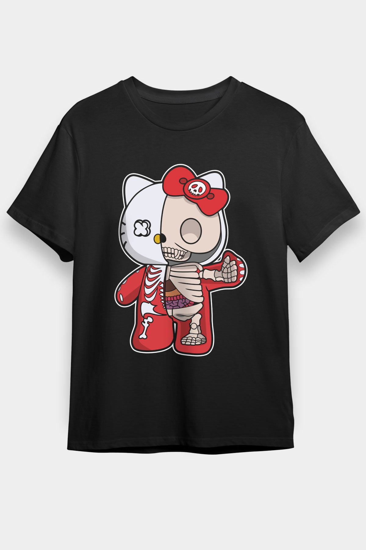 Hello Kity Half Skeleton Baskılı Unisex Siyah Tişört