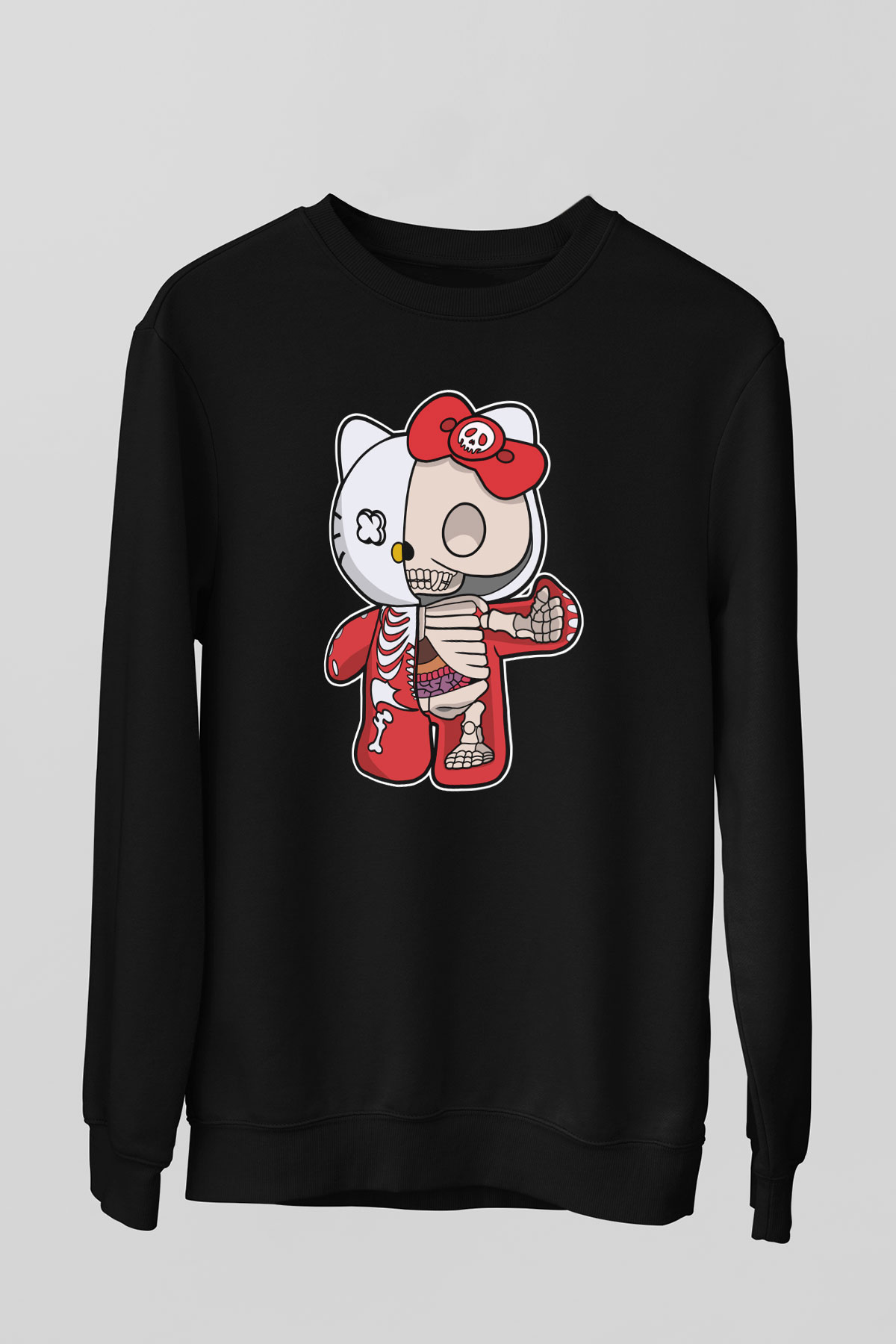 Hello Kity Half Skeleton Baskılı Unisex Siyah Sweatshirt