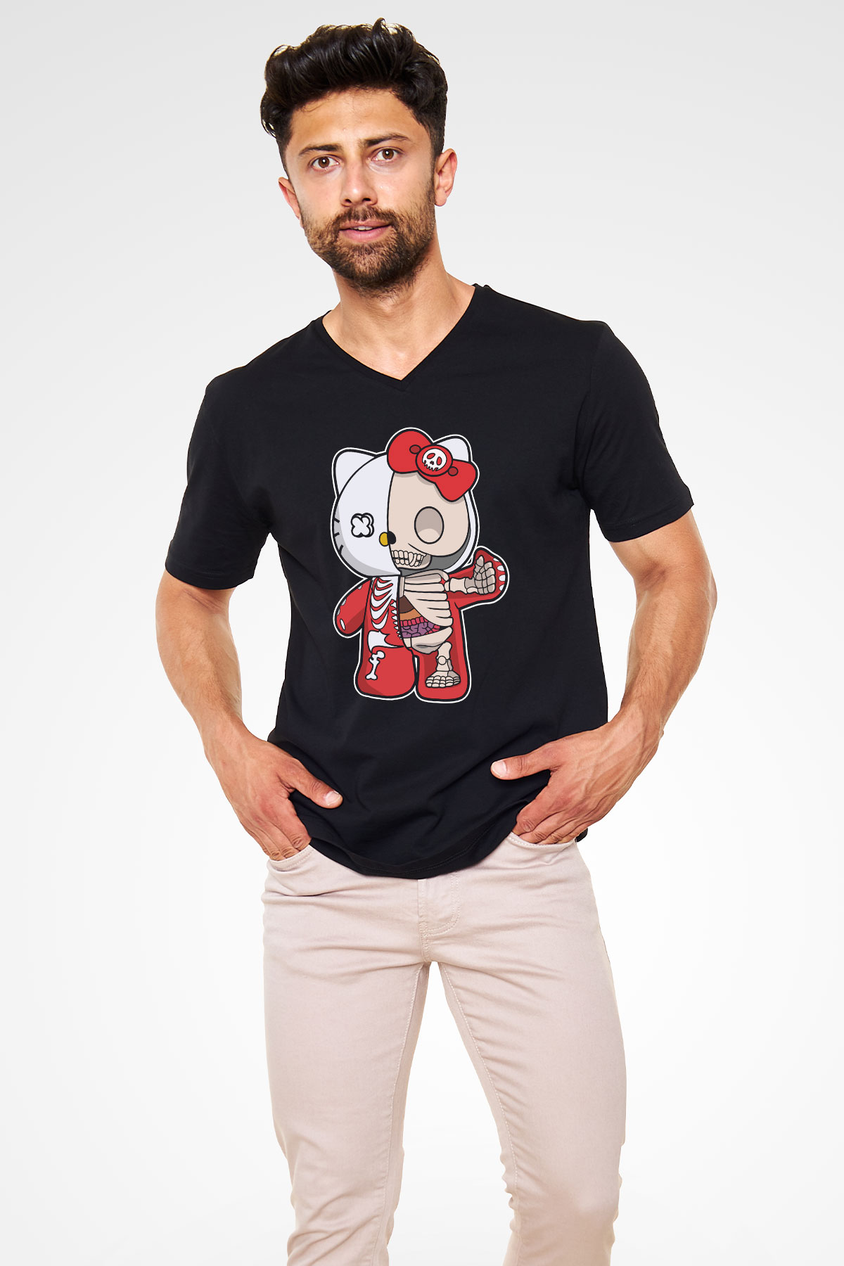 Hello Kity Half Skeleton Baskılı Unisex Siyah V Yaka Tişört