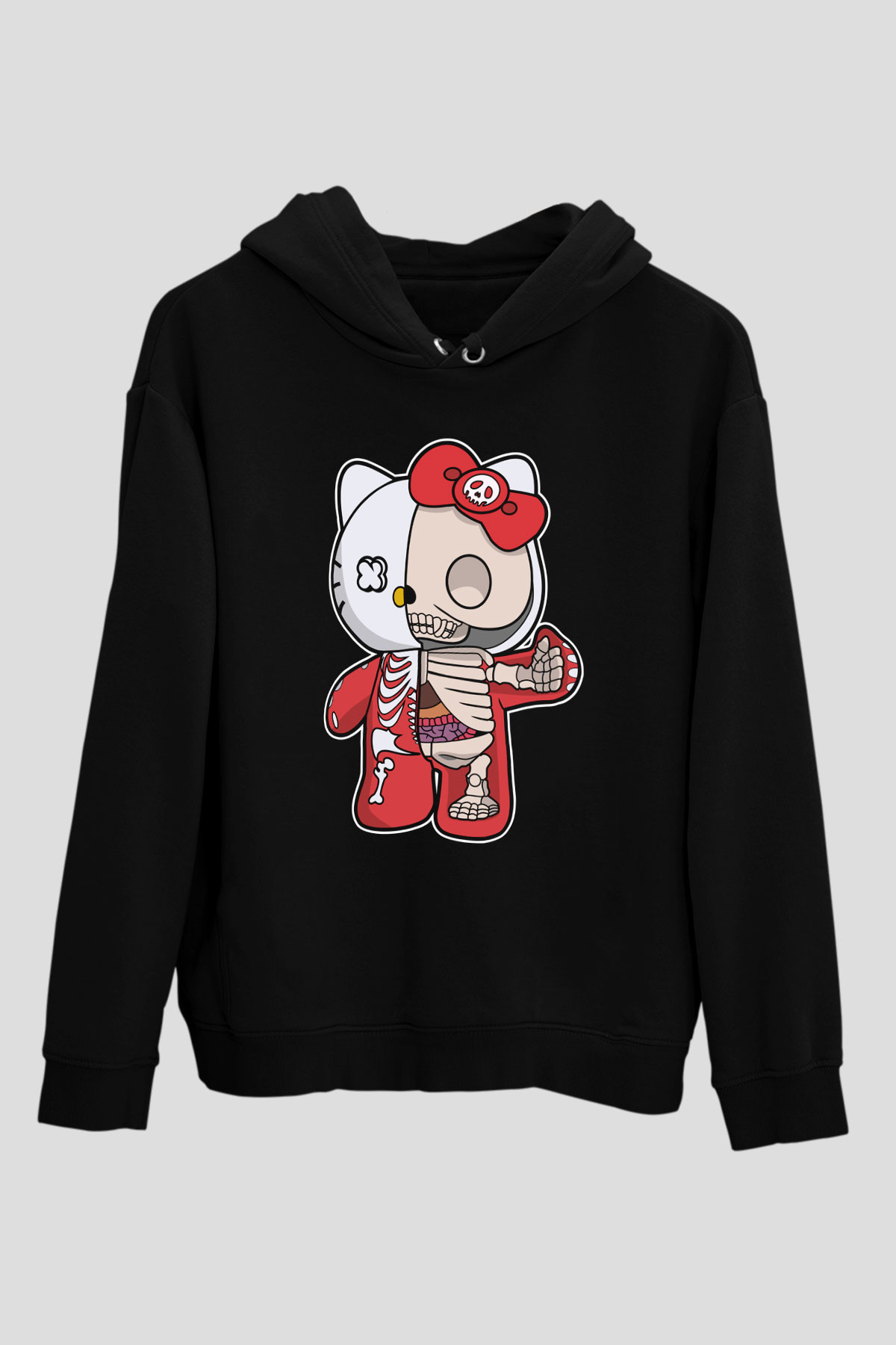 Hello Kity Half Skeleton Baskılı Unisex Siyah Hoodie