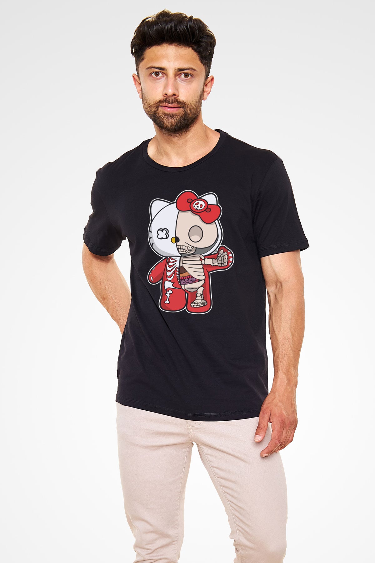 Hello Kity Half Skeleton Baskılı Unisex Siyah Tişört
