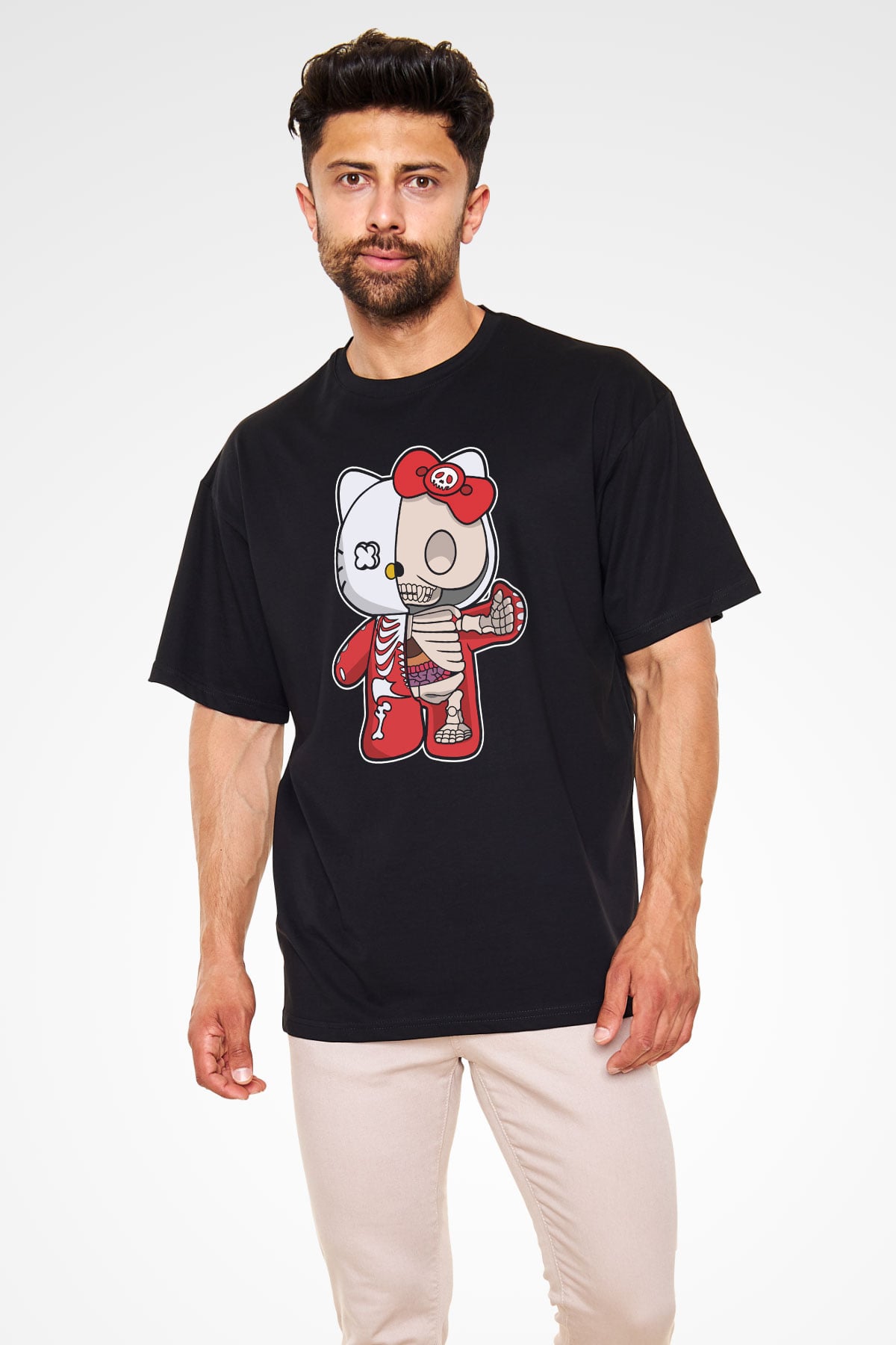 Hello Kity Half Skeleton Baskılı Unisex Siyah Oversize Tişört